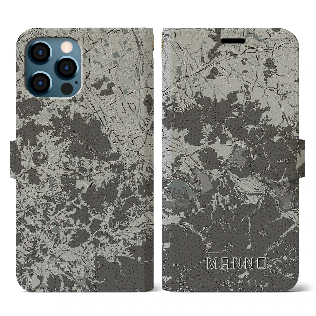 【まんのう(香川県)】地図柄iPhoneケース(手帳タイプ)モノトーン・iPhone 12 / 12 Pro 用