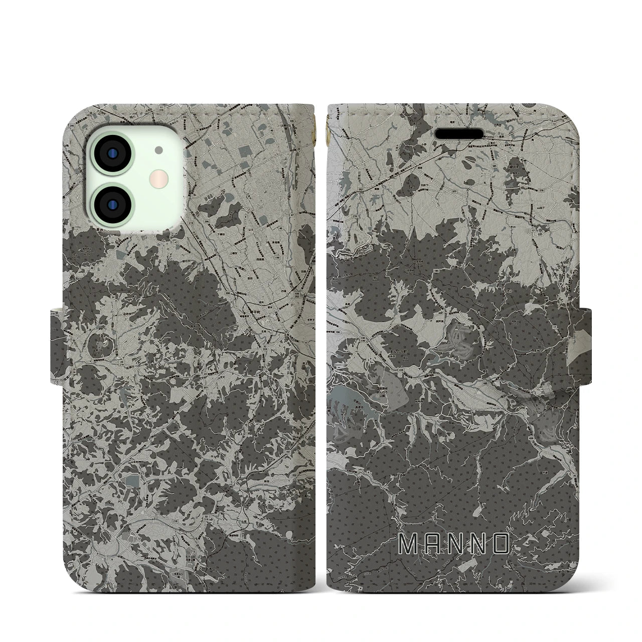 【まんのう(香川県)】地図柄iPhoneケース(手帳タイプ)モノトーン・iPhone 12 mini 用