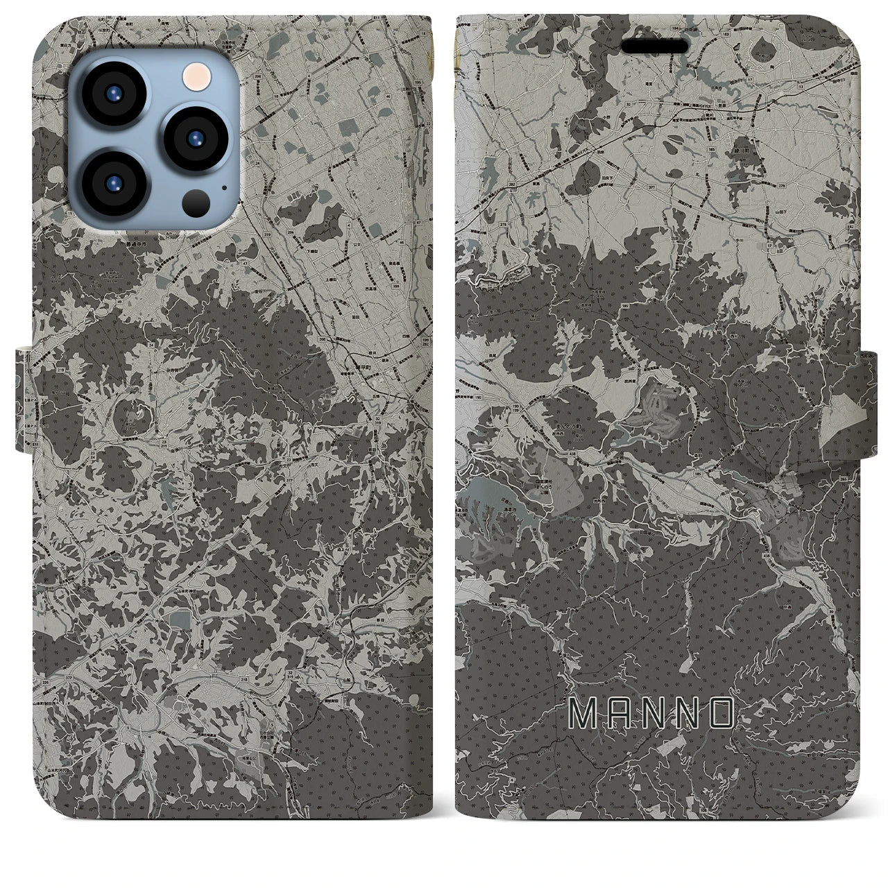 【まんのう(香川県)】地図柄iPhoneケース(手帳タイプ)モノトーン・iPhone 13 Pro Max 用