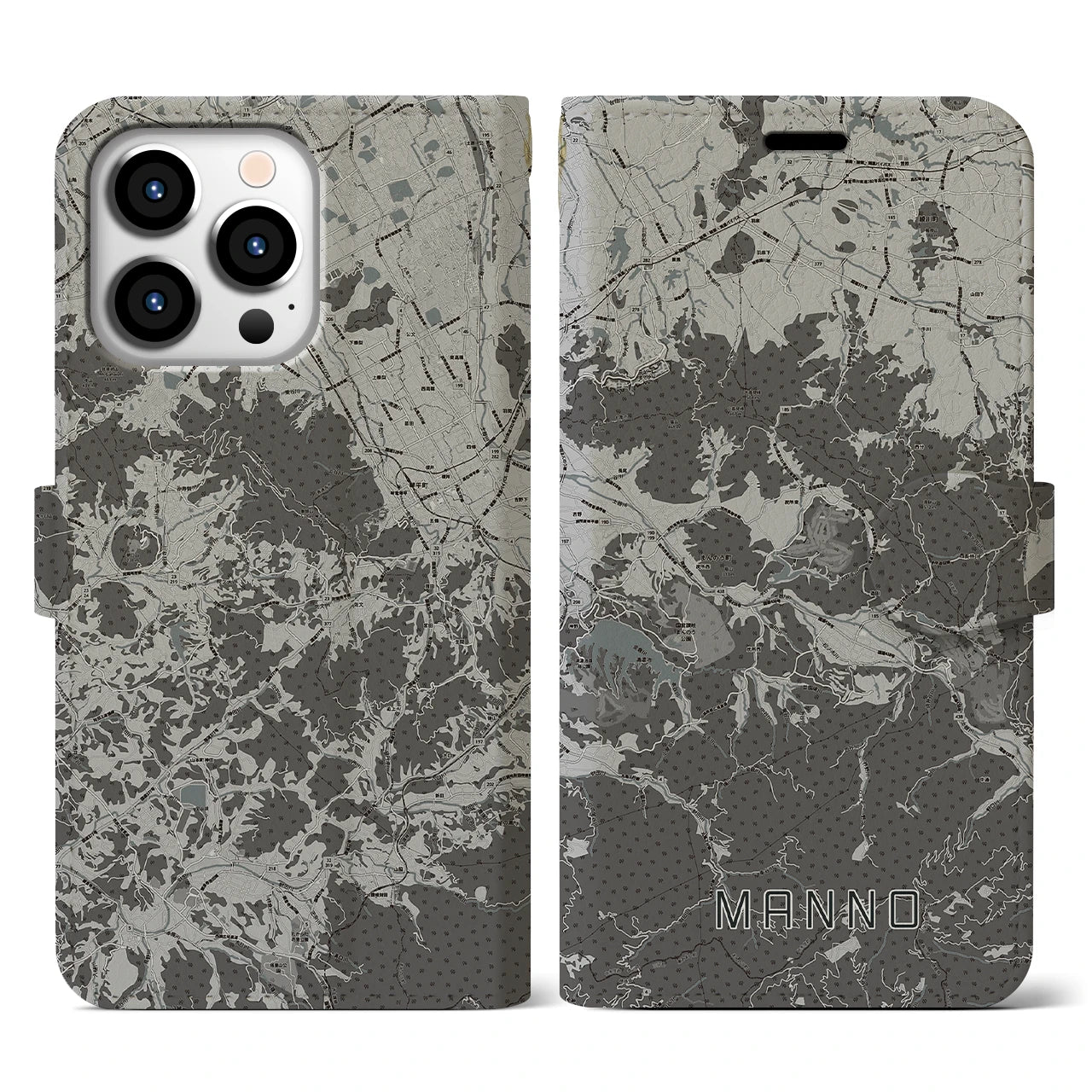 【まんのう(香川県)】地図柄iPhoneケース(手帳タイプ)モノトーン・iPhone 13 Pro 用