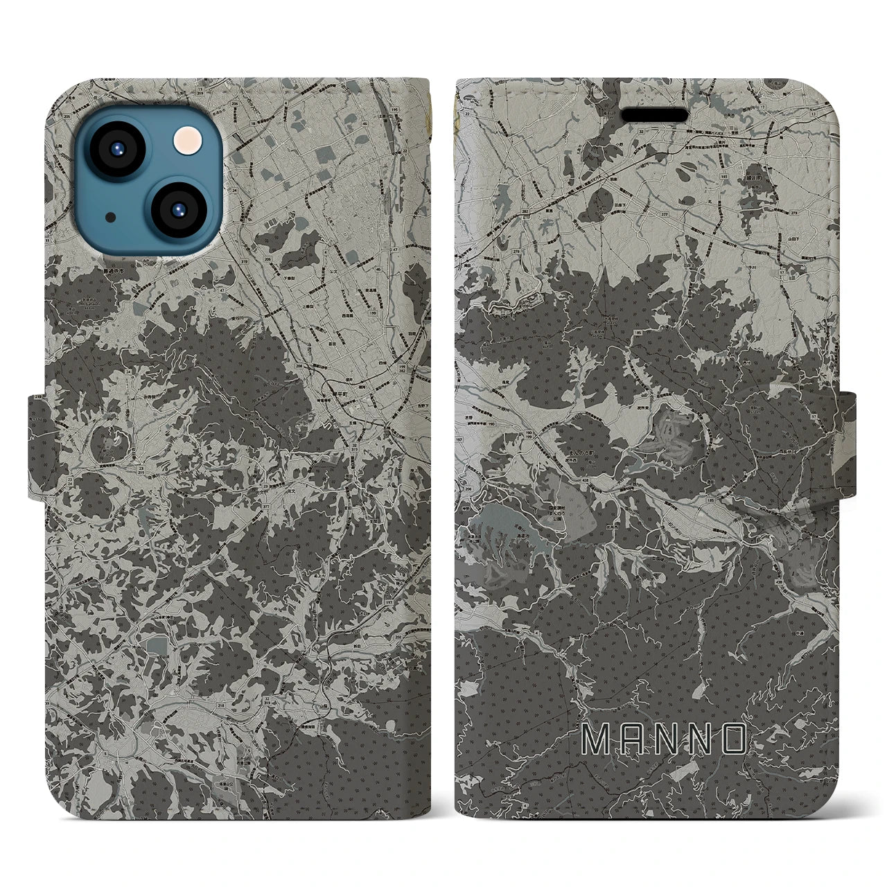 【まんのう(香川県)】地図柄iPhoneケース(手帳タイプ)モノトーン・iPhone 13 用