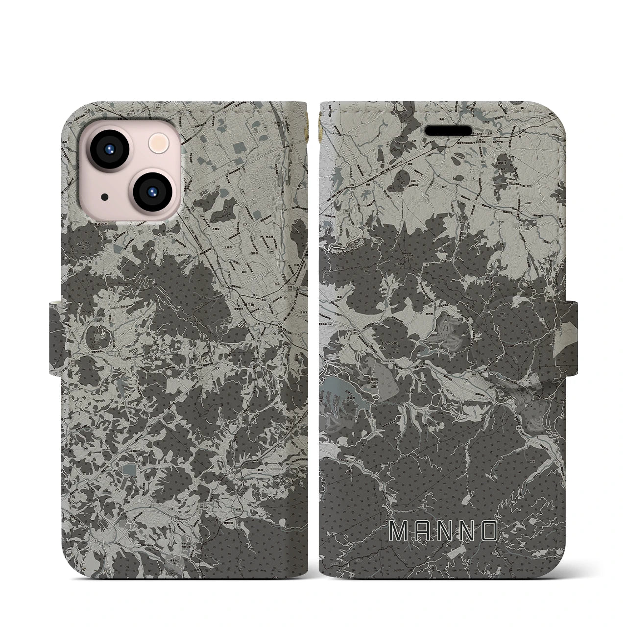 【まんのう(香川県)】地図柄iPhoneケース(手帳タイプ)モノトーン・iPhone 13 mini 用