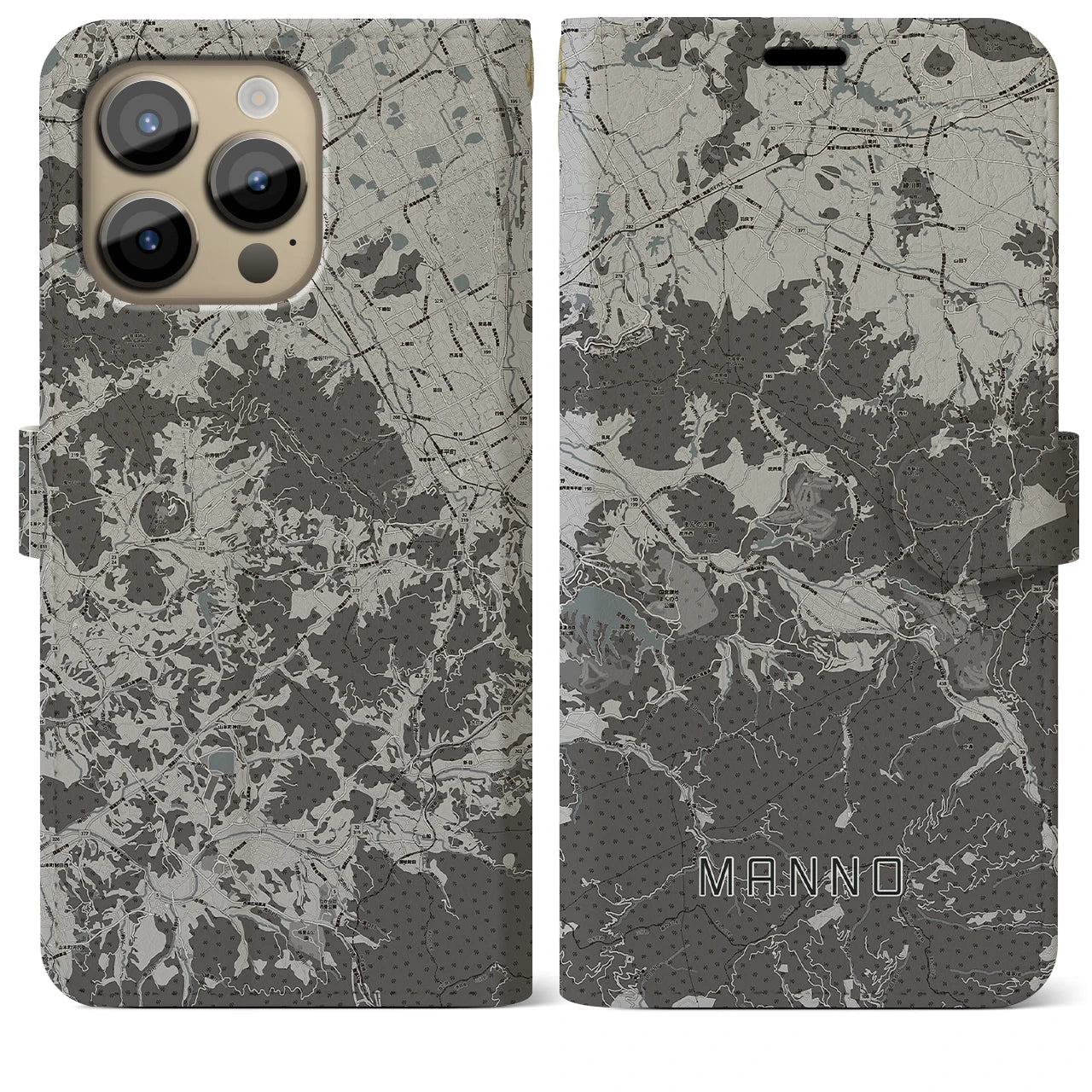 【まんのう(香川県)】地図柄iPhoneケース(手帳タイプ)モノトーン・iPhone 14 Pro Max 用