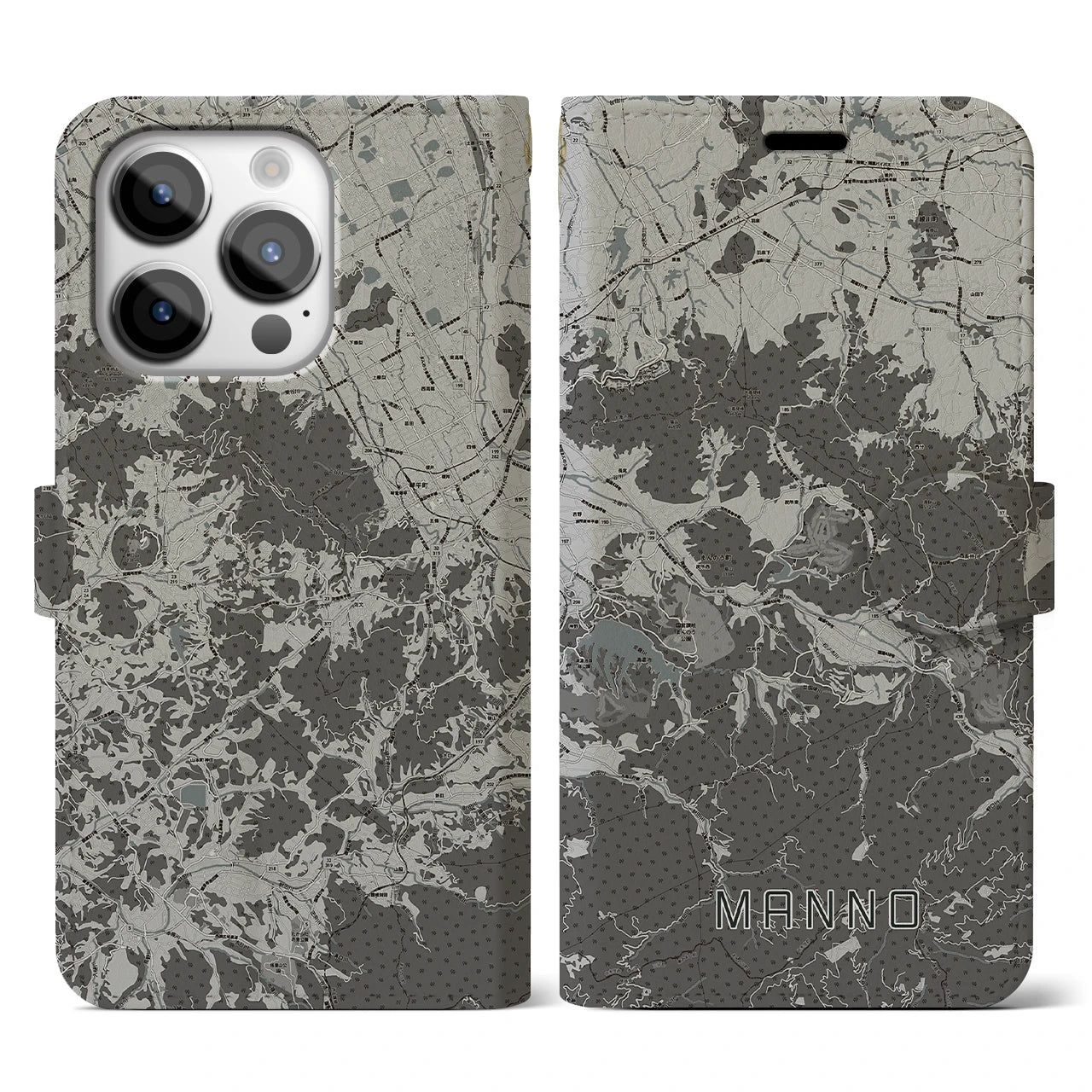 【まんのう(香川県)】地図柄iPhoneケース(手帳タイプ)モノトーン・iPhone 14 Pro 用