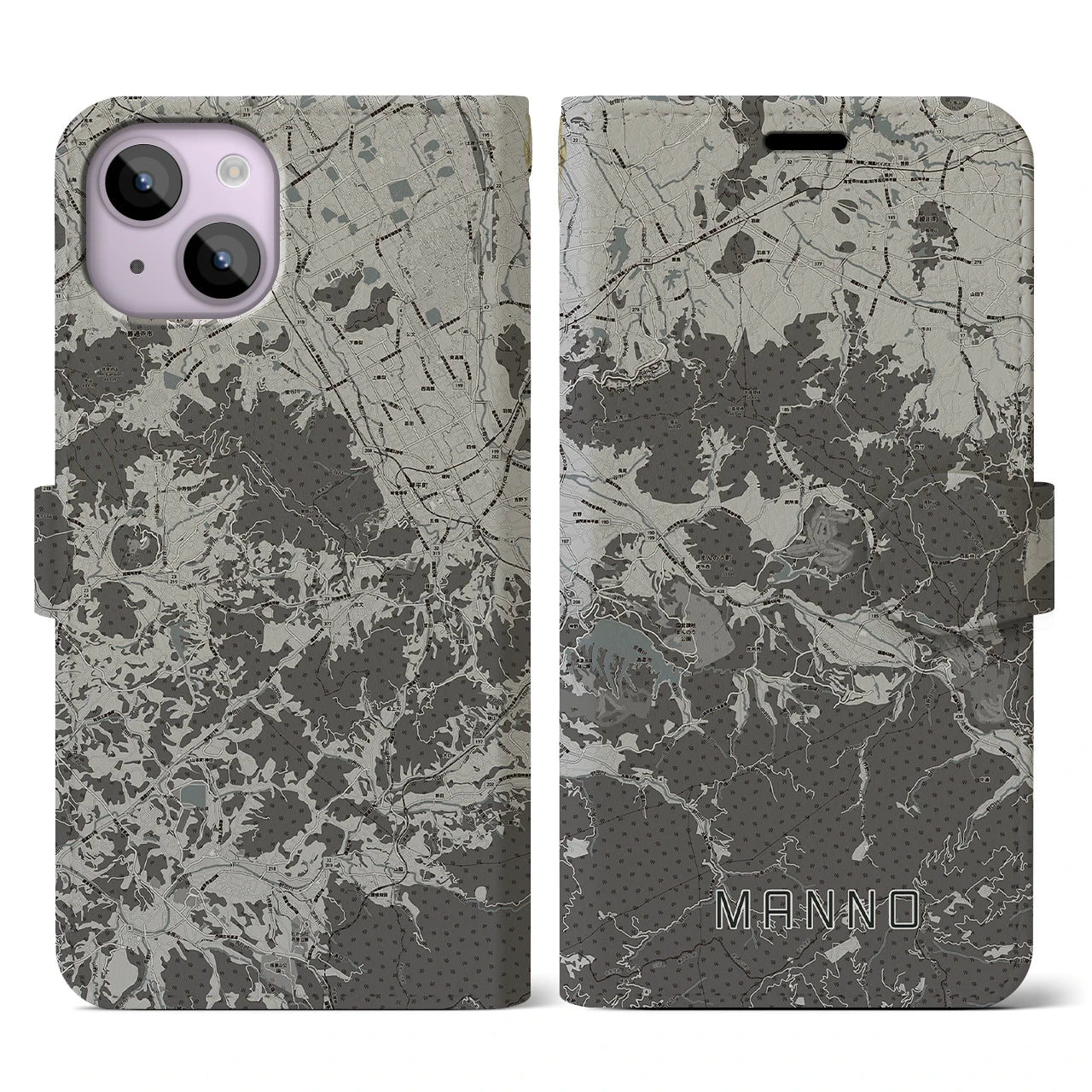 【まんのう(香川県)】地図柄iPhoneケース(手帳タイプ)モノトーン・iPhone 14 用