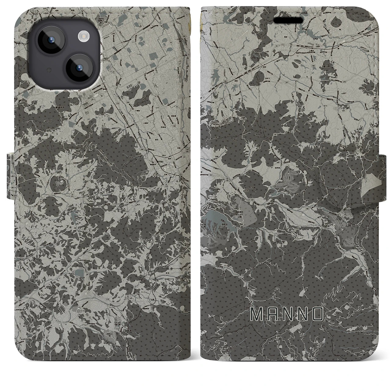 【まんのう(香川県)】地図柄iPhoneケース(手帳タイプ)モノトーン・iPhone 14 Plus 用