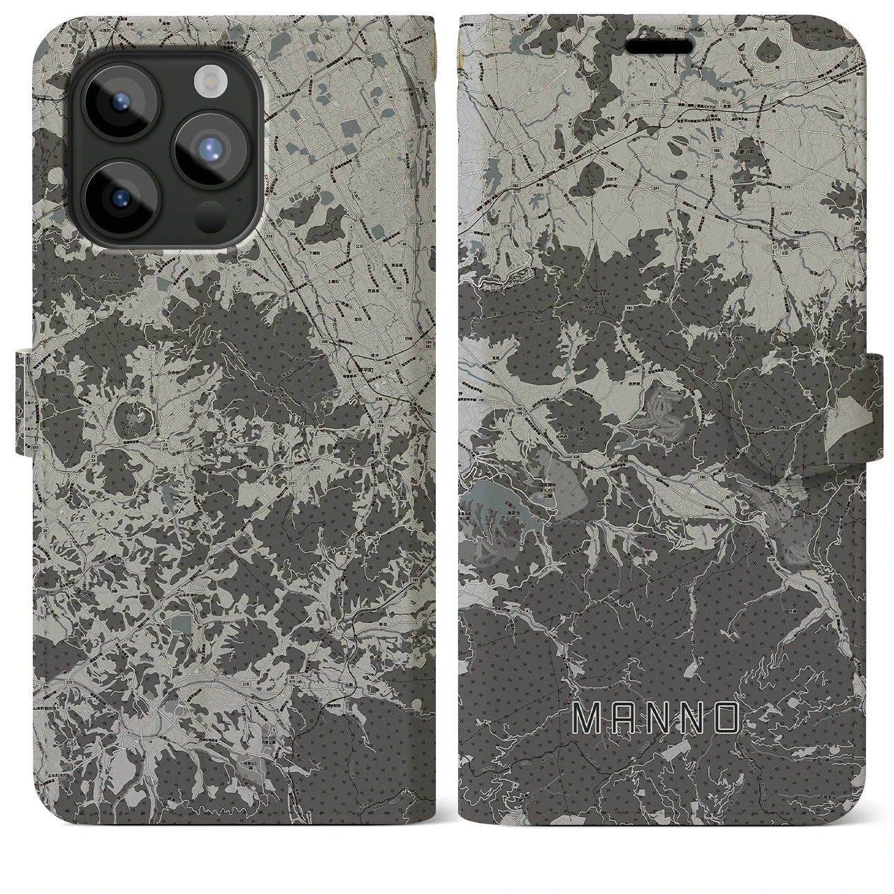【まんのう(香川県)】地図柄iPhoneケース(手帳タイプ)モノトーン・iPhone 15 Pro Max 用