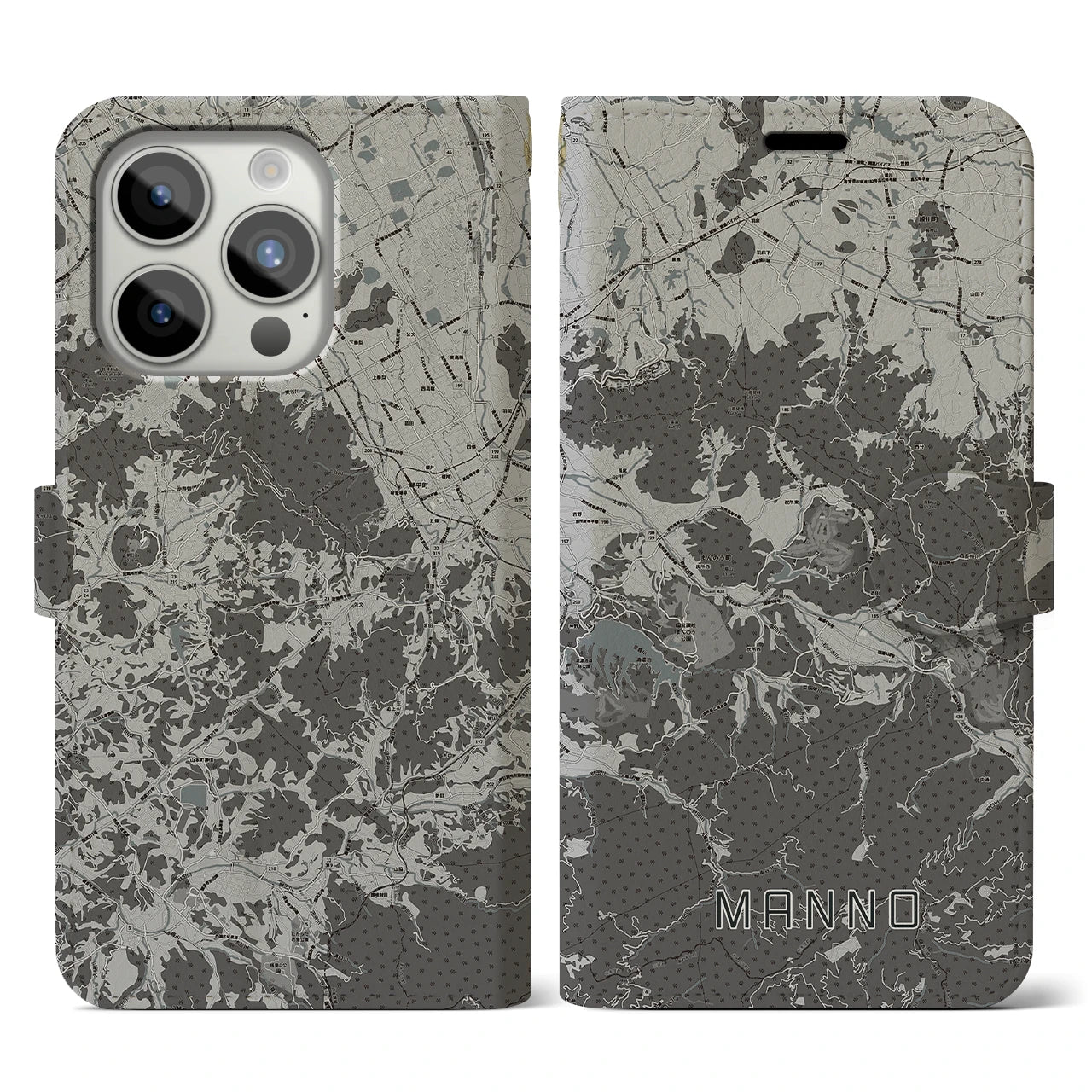 【まんのう(香川県)】地図柄iPhoneケース(手帳タイプ)モノトーン・iPhone 15 Pro 用