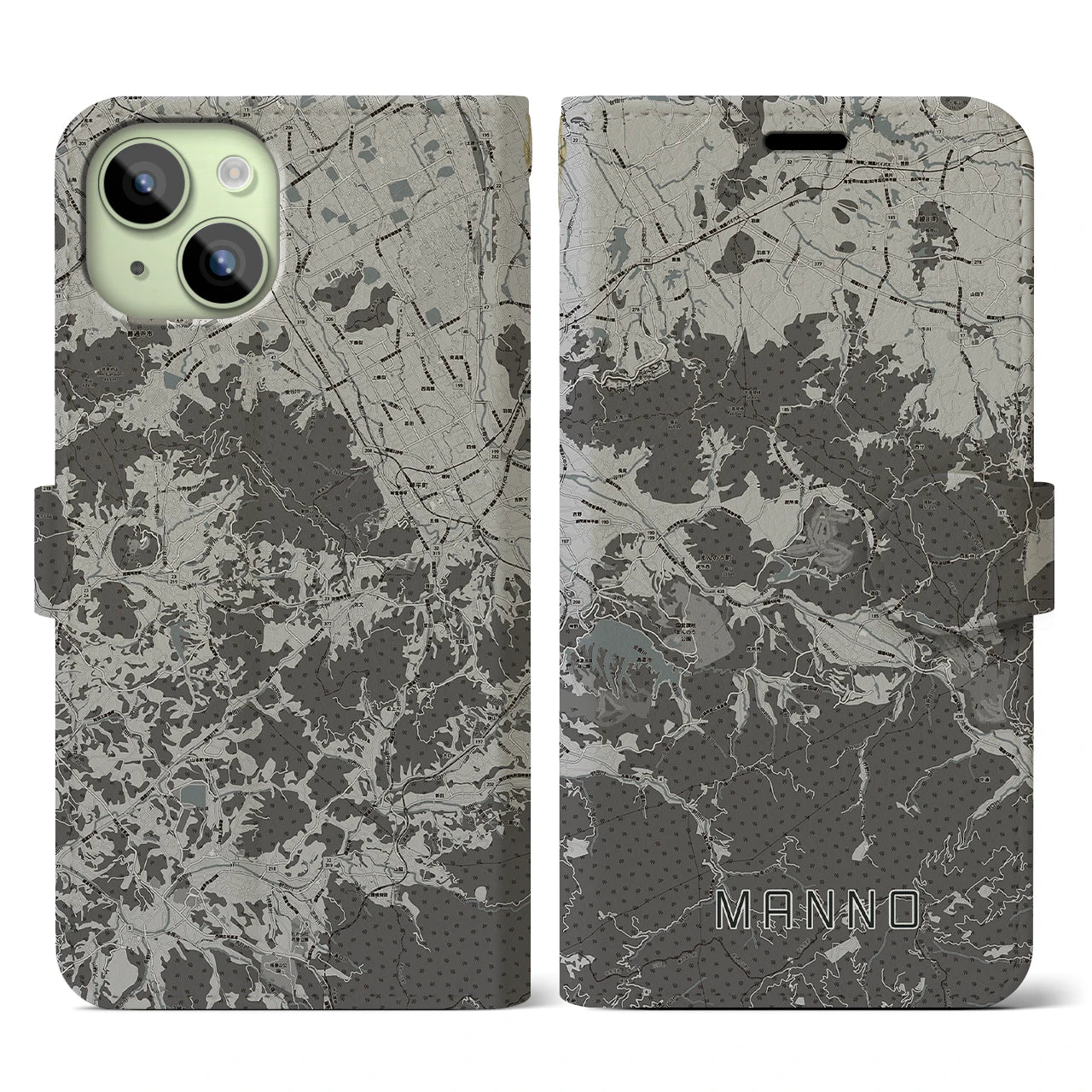 【まんのう(香川県)】地図柄iPhoneケース(手帳タイプ)モノトーン・iPhone 15 用