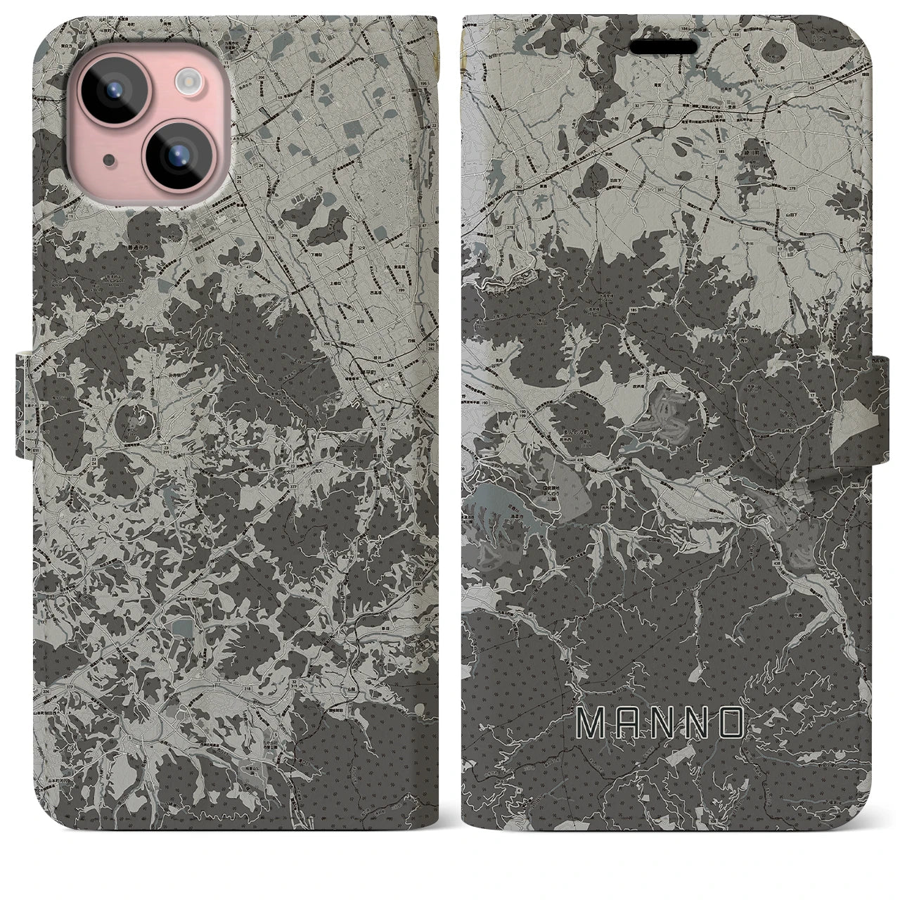 【まんのう(香川県)】地図柄iPhoneケース(手帳タイプ)モノトーン・iPhone 15 Plus 用