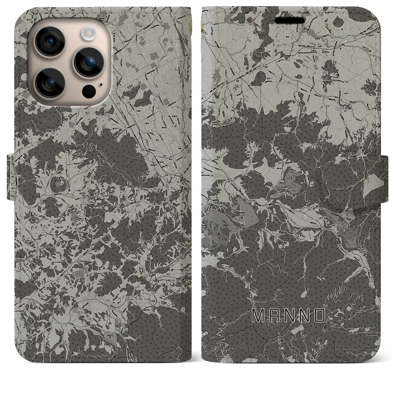 【まんのう(香川県)】地図柄iPhoneケース(手帳タイプ)モノトーン・iPhone 16 Plus 用