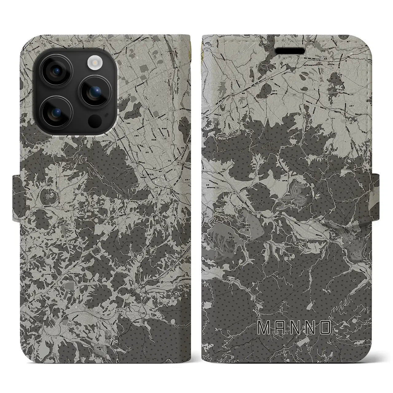【まんのう(香川県)】地図柄iPhoneケース(手帳タイプ)モノトーン・iPhone 16 用