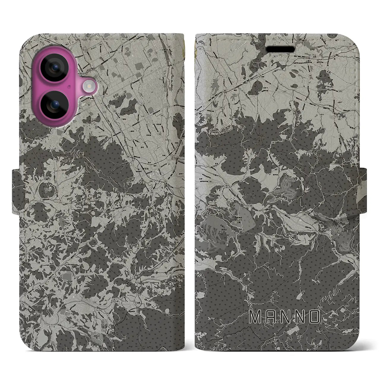 【まんのう(香川県)】地図柄iPhoneケース(手帳タイプ)モノトーン・iPhone 16 Pro 用