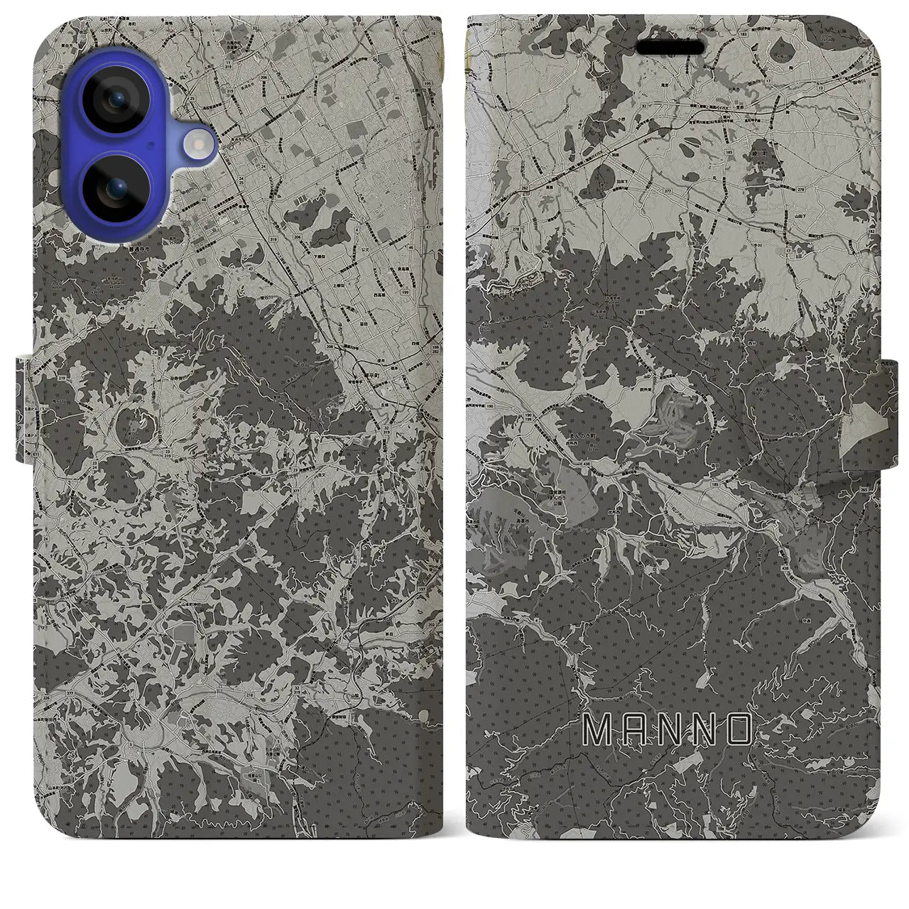 【まんのう(香川県)】地図柄iPhoneケース(手帳タイプ)モノトーン・iPhone 16 Pro Max 用