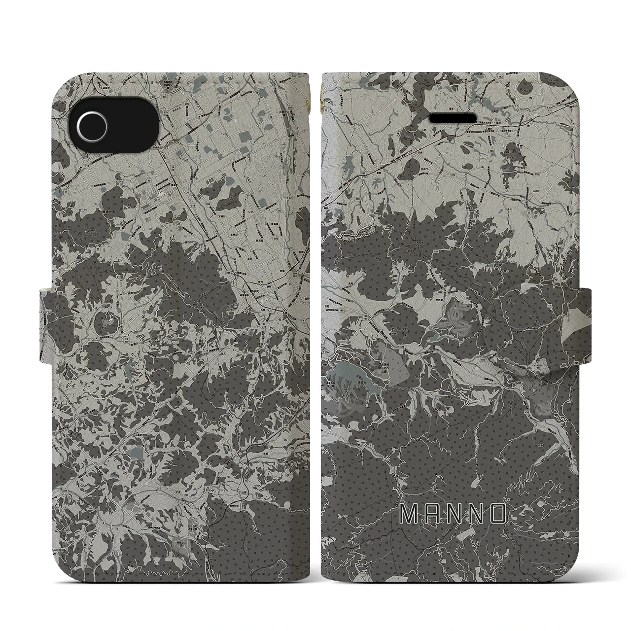 【まんのう(香川県)】地図柄iPhoneケース(手帳タイプ)モノトーン・iPhone SE(第3 / 第2世代) / 8 / 7 / 6s / 6 用