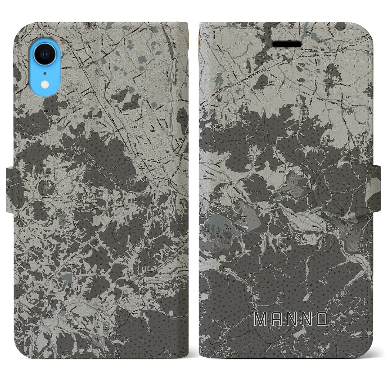 【まんのう(香川県)】地図柄iPhoneケース(手帳タイプ)モノトーン・iPhone XR 用