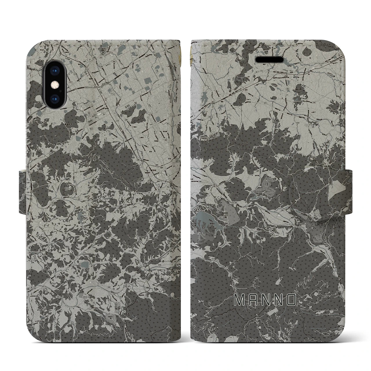 【まんのう(香川県)】地図柄iPhoneケース(手帳タイプ)モノトーン・iPhone XS / X 用