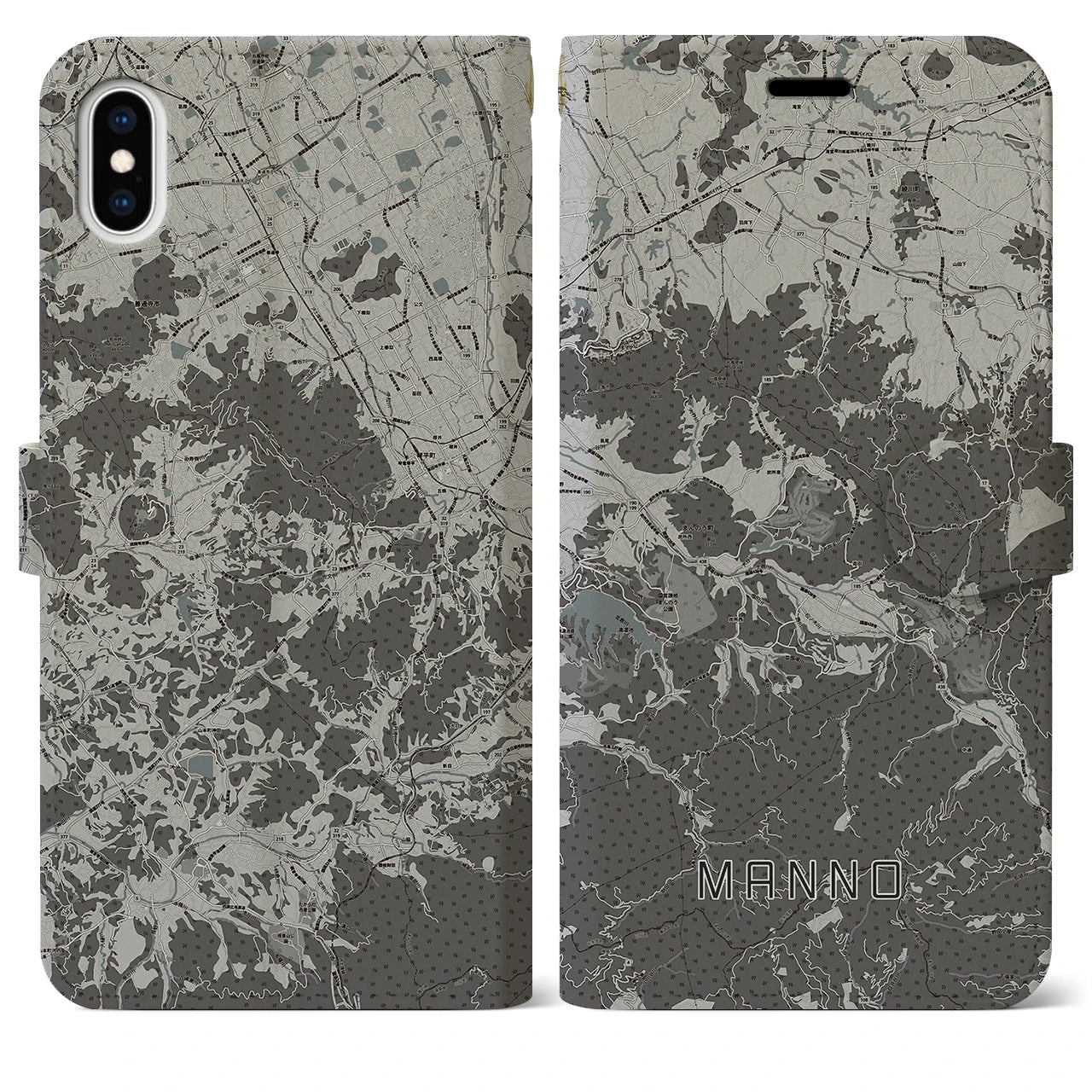 【まんのう(香川県)】地図柄iPhoneケース(手帳タイプ)モノトーン・iPhone XS Max 用