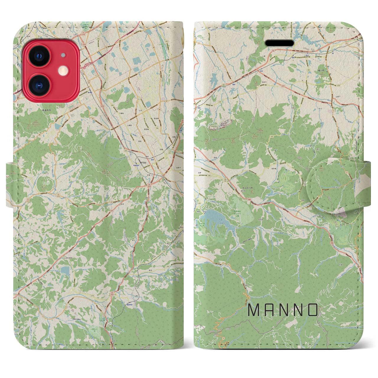 【まんのう(香川県)】地図柄iPhoneケース(手帳タイプ)ナチュラル・iPhone 11 用