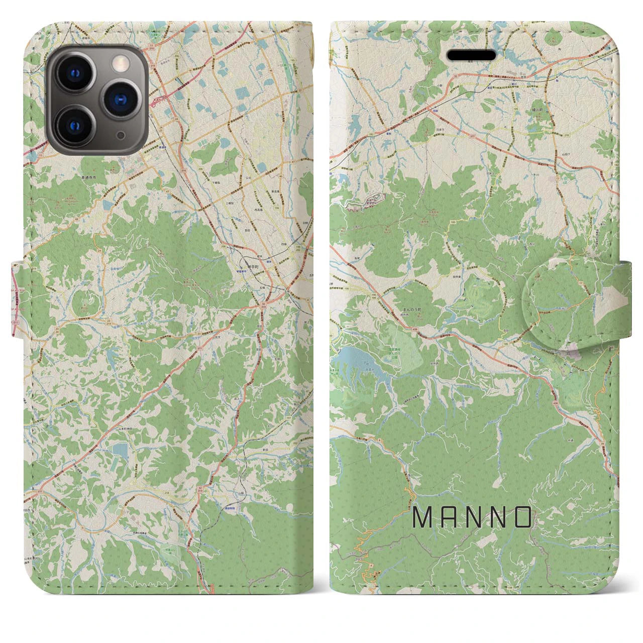 【まんのう(香川県)】地図柄iPhoneケース(手帳タイプ)ナチュラル・iPhone 11 Pro Max 用