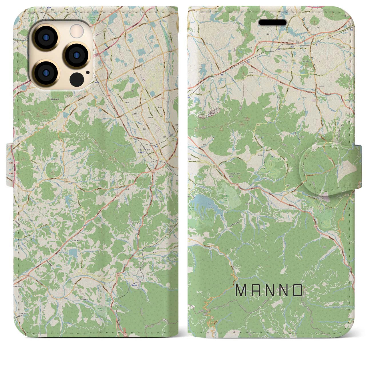 【まんのう(香川県)】地図柄iPhoneケース(手帳タイプ)ナチュラル・iPhone 12 Pro Max 用