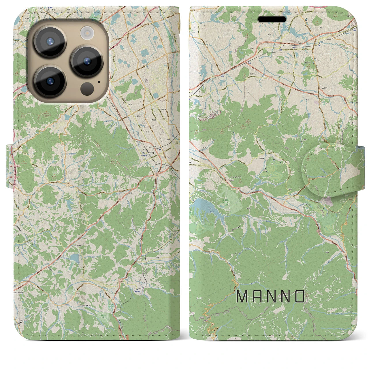 【まんのう(香川県)】地図柄iPhoneケース(手帳タイプ)ナチュラル・iPhone 14 Pro Max 用