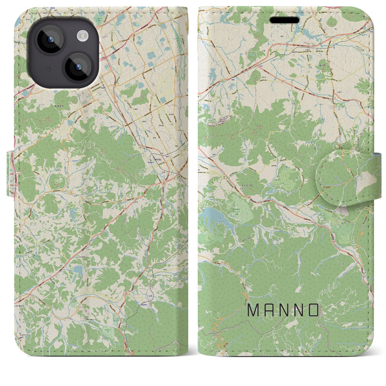【まんのう(香川県)】地図柄iPhoneケース(手帳タイプ)ナチュラル・iPhone 14 Plus 用