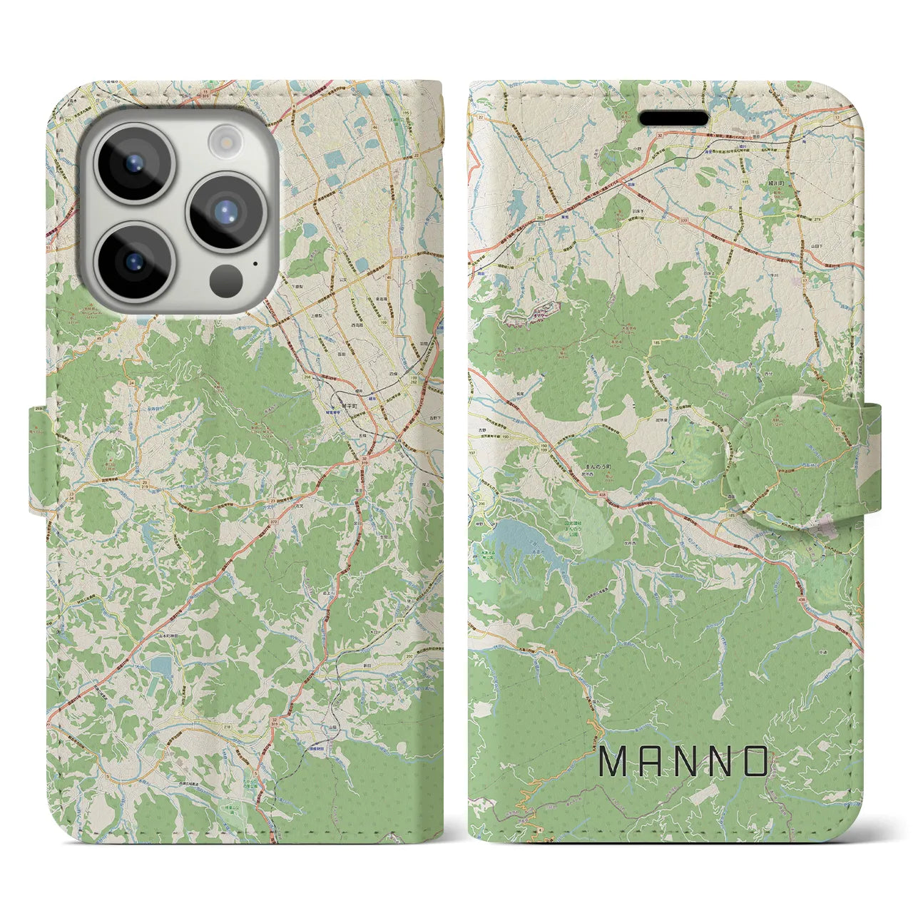 【まんのう(香川県)】地図柄iPhoneケース(手帳タイプ)ナチュラル・iPhone 15 Pro 用