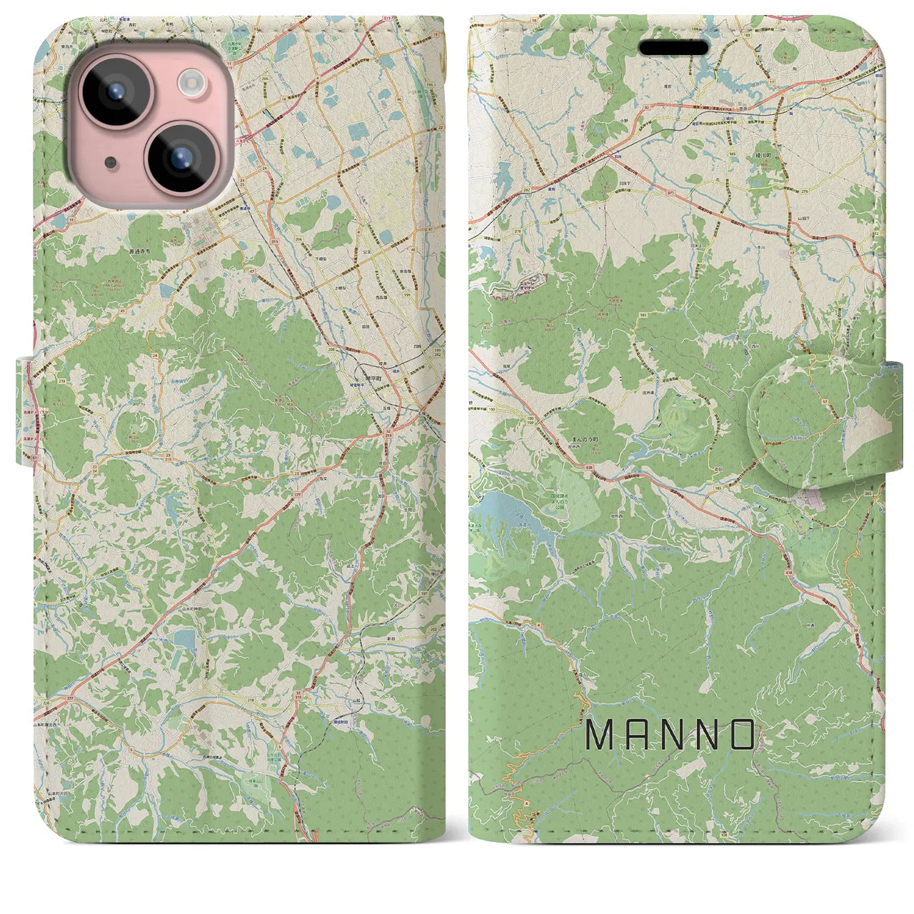 【まんのう(香川県)】地図柄iPhoneケース(手帳タイプ)ナチュラル・iPhone 15 Plus 用