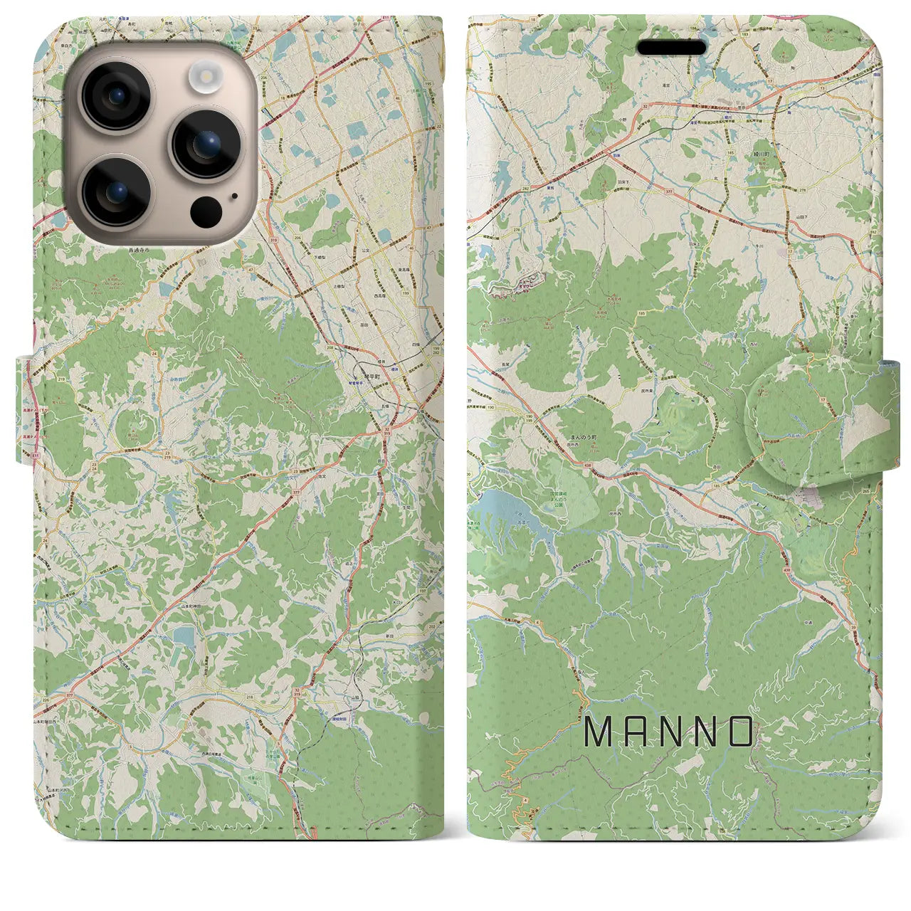 【まんのう(香川県)】地図柄iPhoneケース(手帳タイプ)ナチュラル・iPhone 16 Plus 用