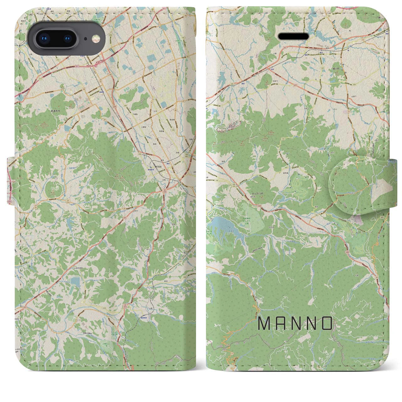 【まんのう(香川県)】地図柄iPhoneケース(手帳タイプ)ナチュラル・iPhone 8Plus /7Plus / 6sPlus / 6Plus 用