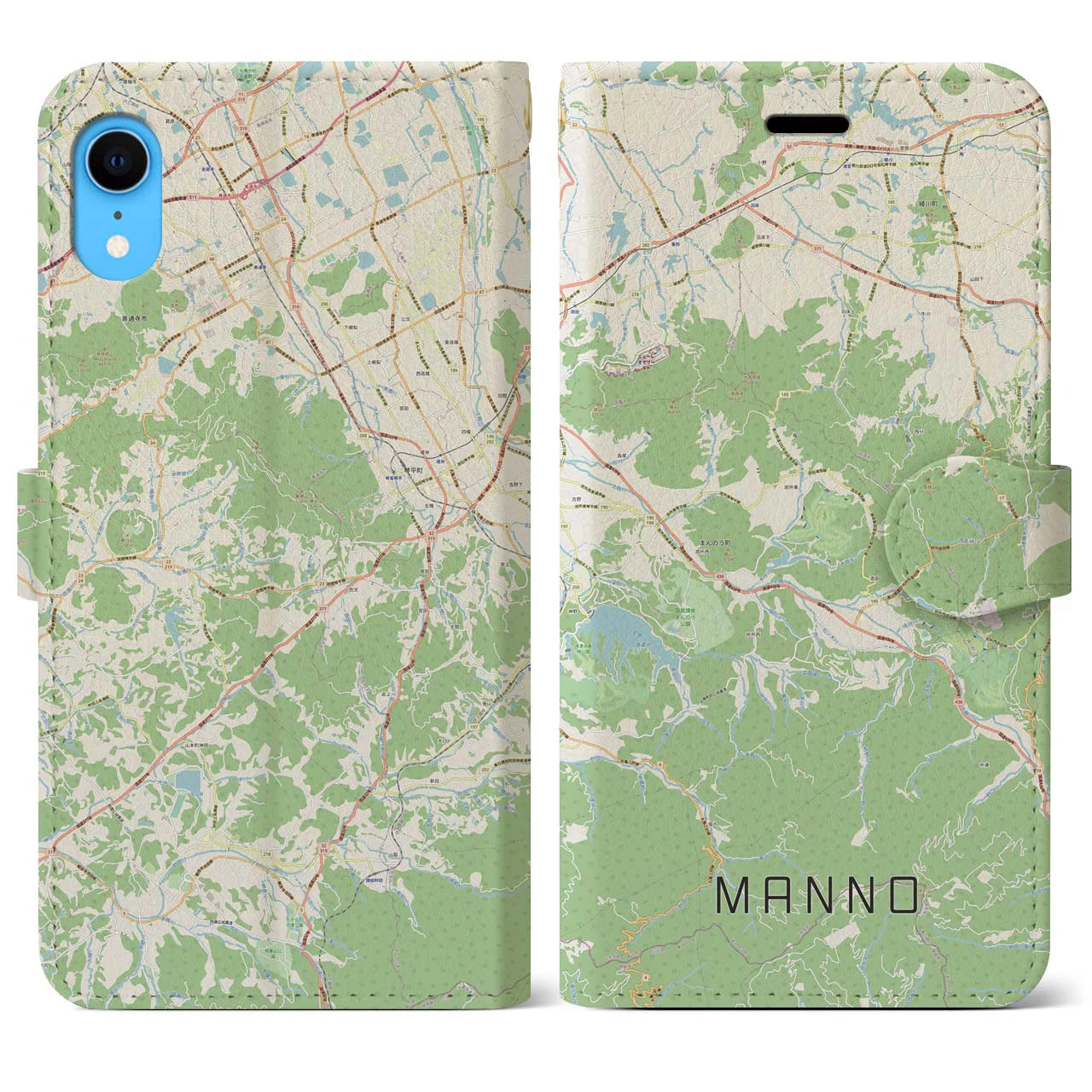 【まんのう(香川県)】地図柄iPhoneケース(手帳タイプ)ナチュラル・iPhone XR 用