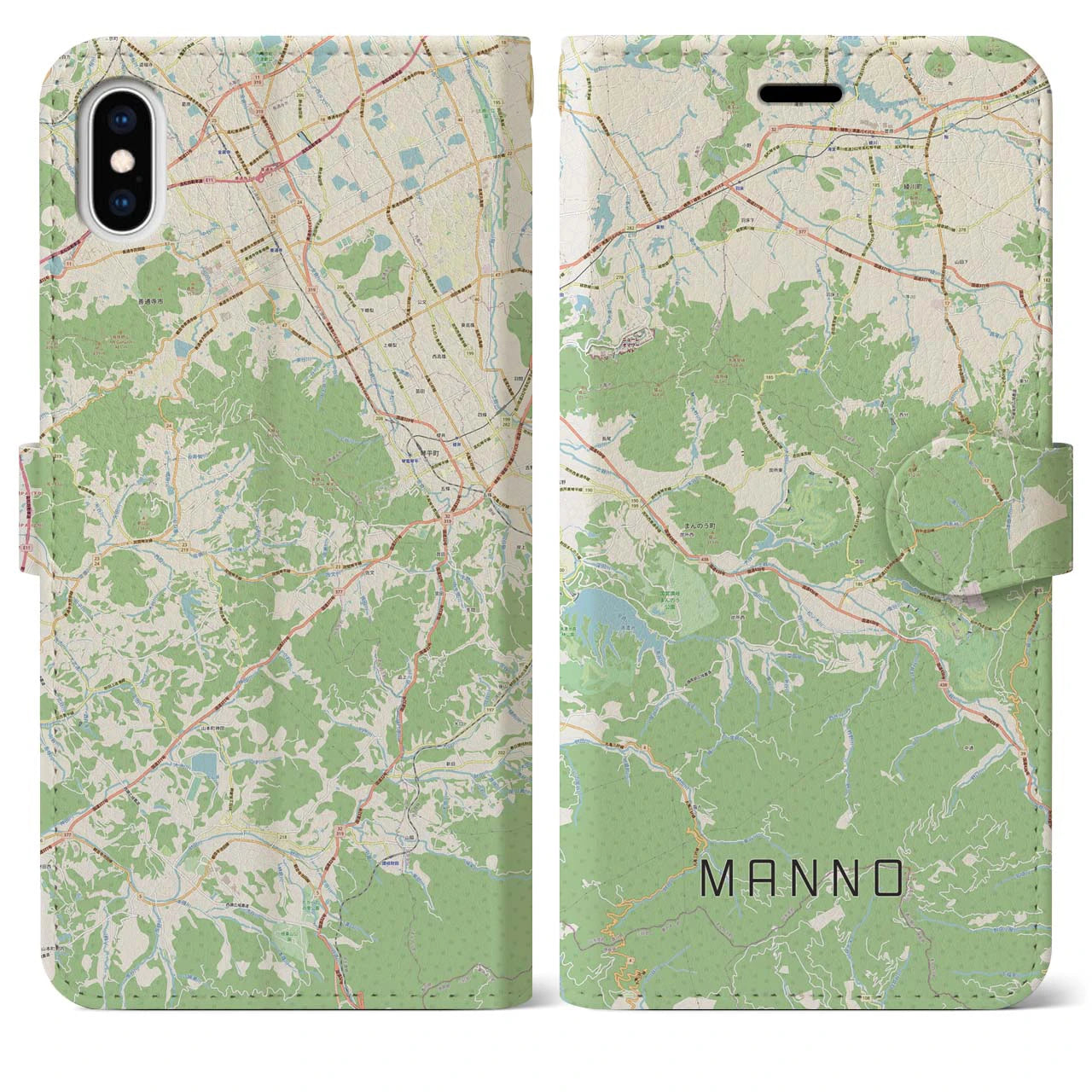 【まんのう(香川県)】地図柄iPhoneケース(手帳タイプ)ナチュラル・iPhone XS Max 用