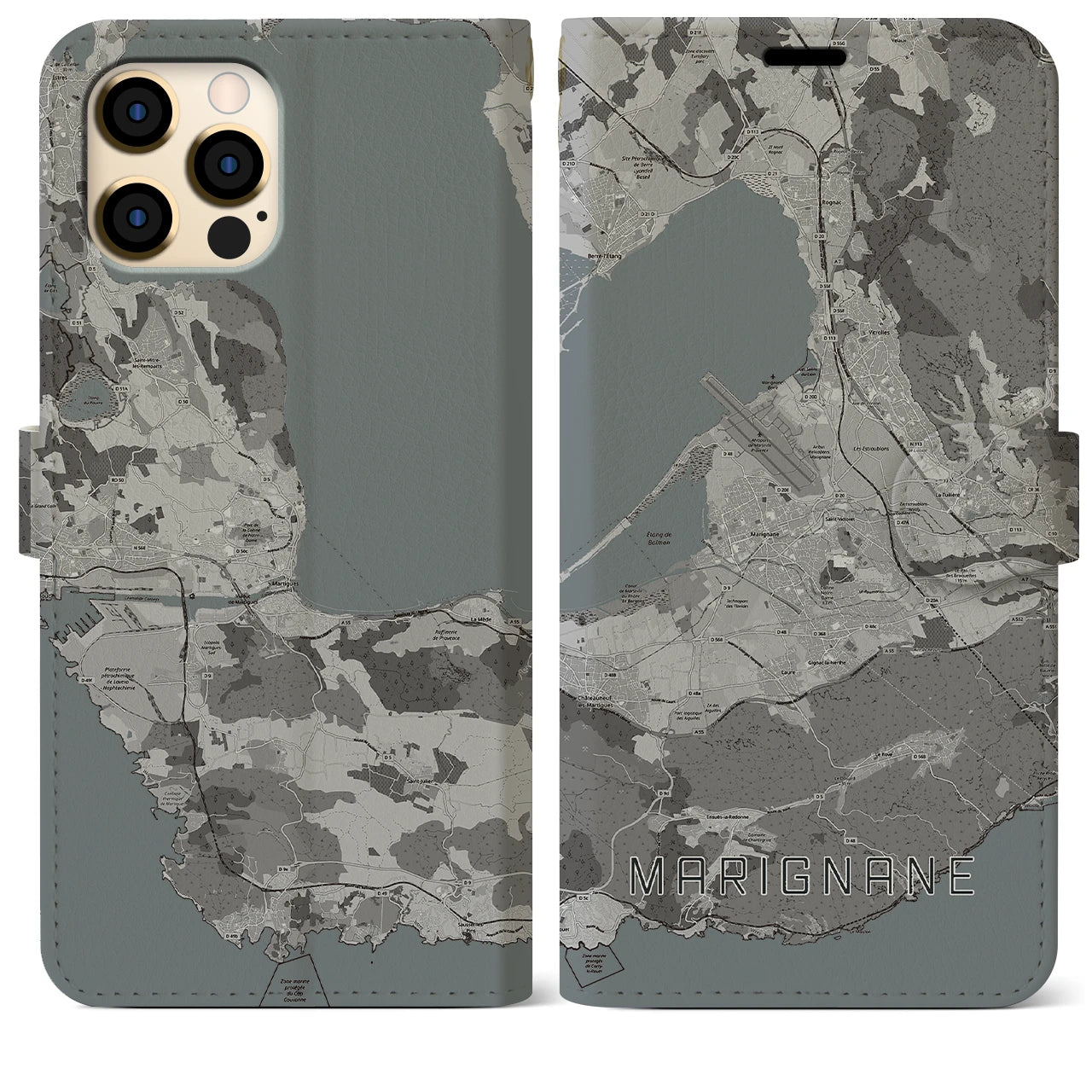 【マリニャーヌ(フランス)】地図柄iPhoneケース(手帳タイプ)モノトーン・iPhone 12 Pro Max 用