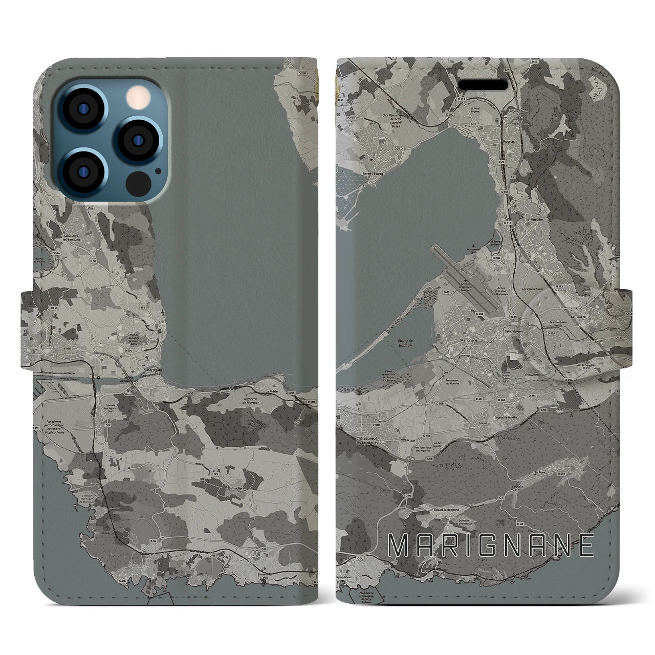 【マリニャーヌ(フランス)】地図柄iPhoneケース(手帳タイプ)モノトーン・iPhone 12 / 12 Pro 用