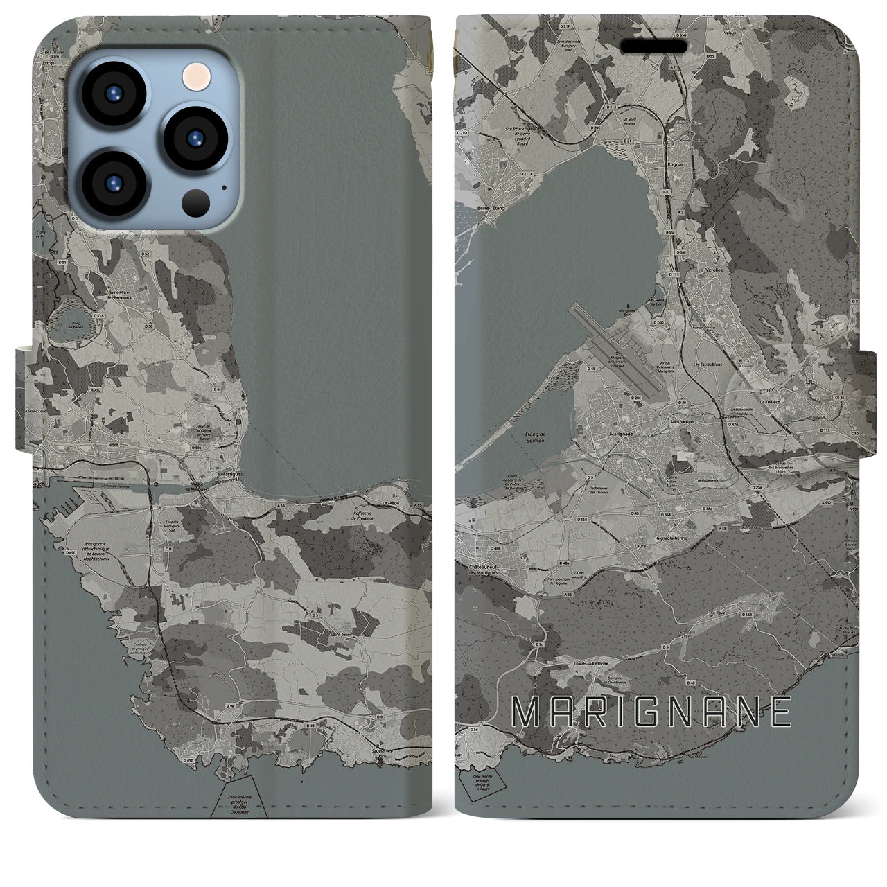 【マリニャーヌ(フランス)】地図柄iPhoneケース(手帳タイプ)モノトーン・iPhone 13 Pro Max 用