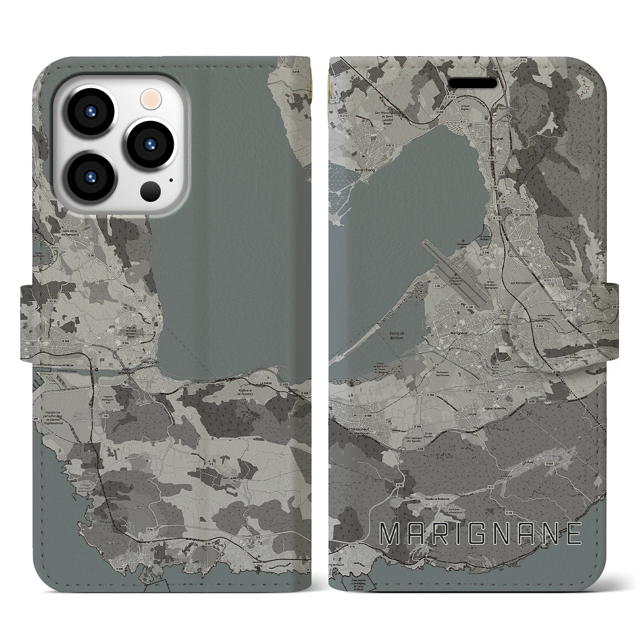 【マリニャーヌ(フランス)】地図柄iPhoneケース(手帳タイプ)モノトーン・iPhone 13 Pro 用