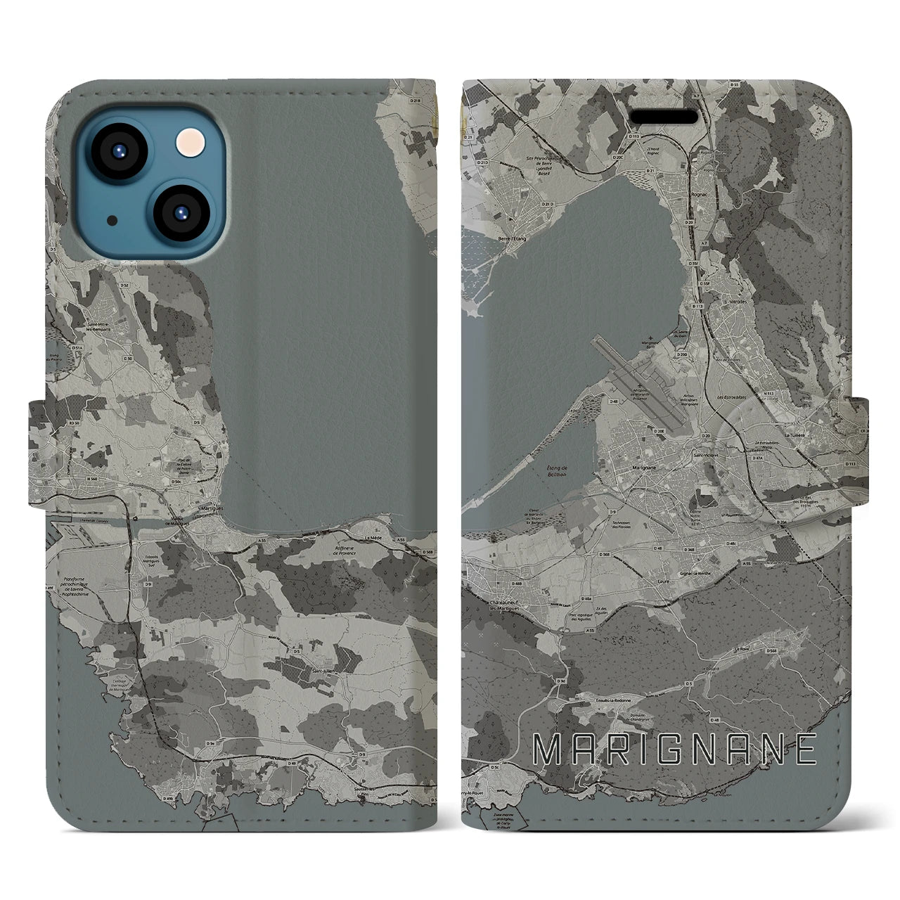 【マリニャーヌ(フランス)】地図柄iPhoneケース(手帳タイプ)モノトーン・iPhone 13 用