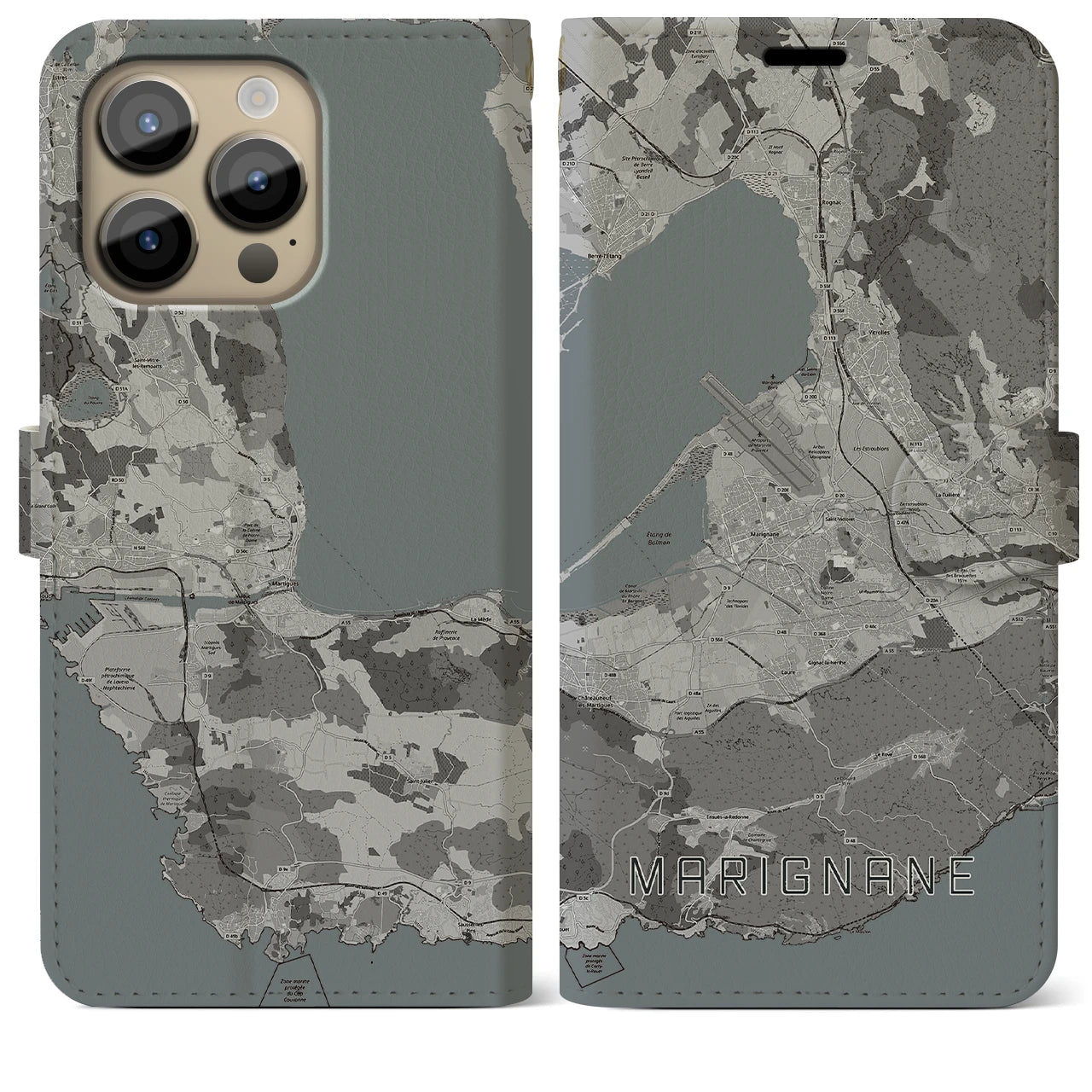 【マリニャーヌ(フランス)】地図柄iPhoneケース(手帳タイプ)モノトーン・iPhone 14 Pro Max 用