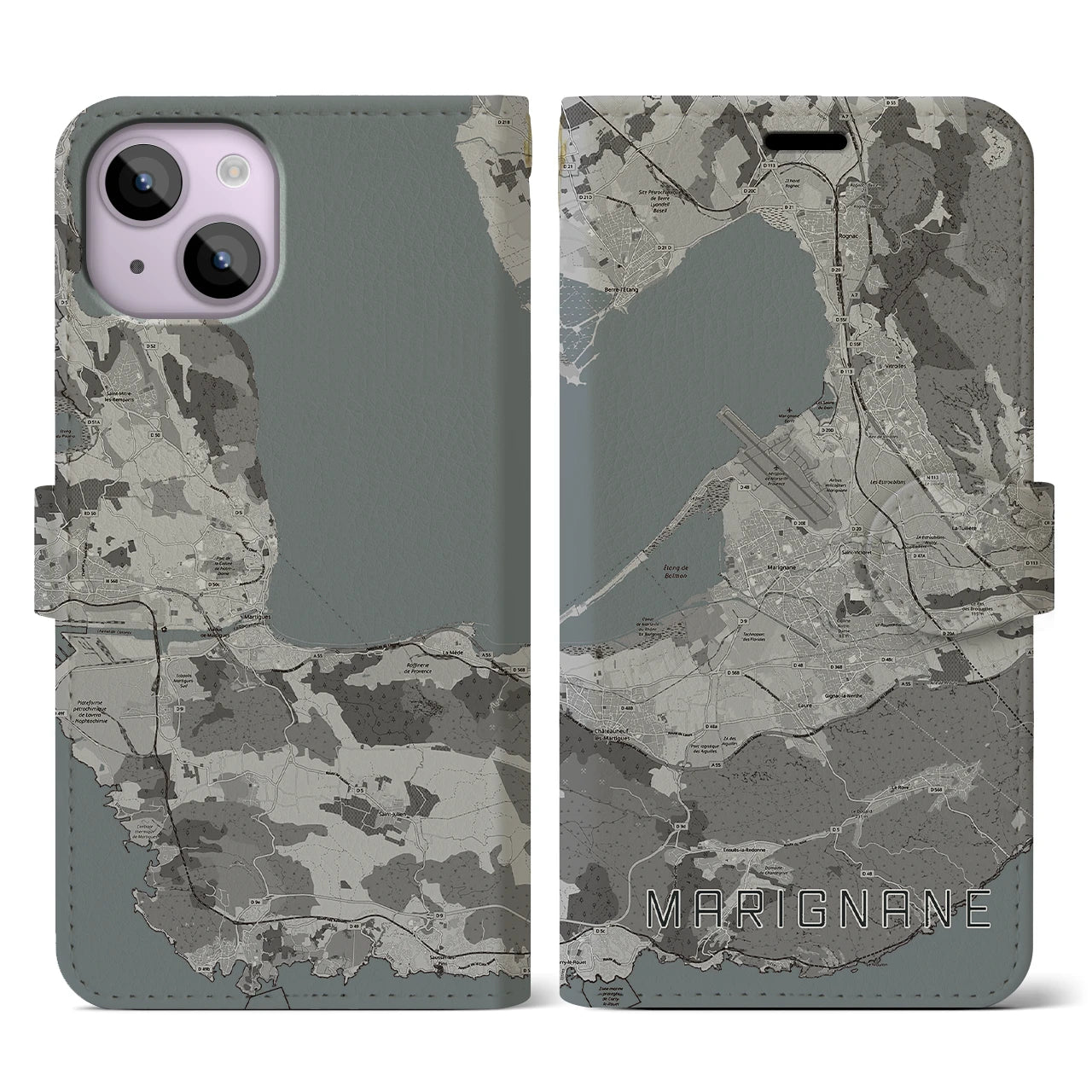 【マリニャーヌ(フランス)】地図柄iPhoneケース(手帳タイプ)モノトーン・iPhone 14 用