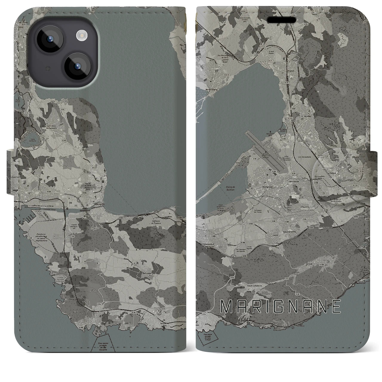 【マリニャーヌ(フランス)】地図柄iPhoneケース(手帳タイプ)モノトーン・iPhone 14 Plus 用