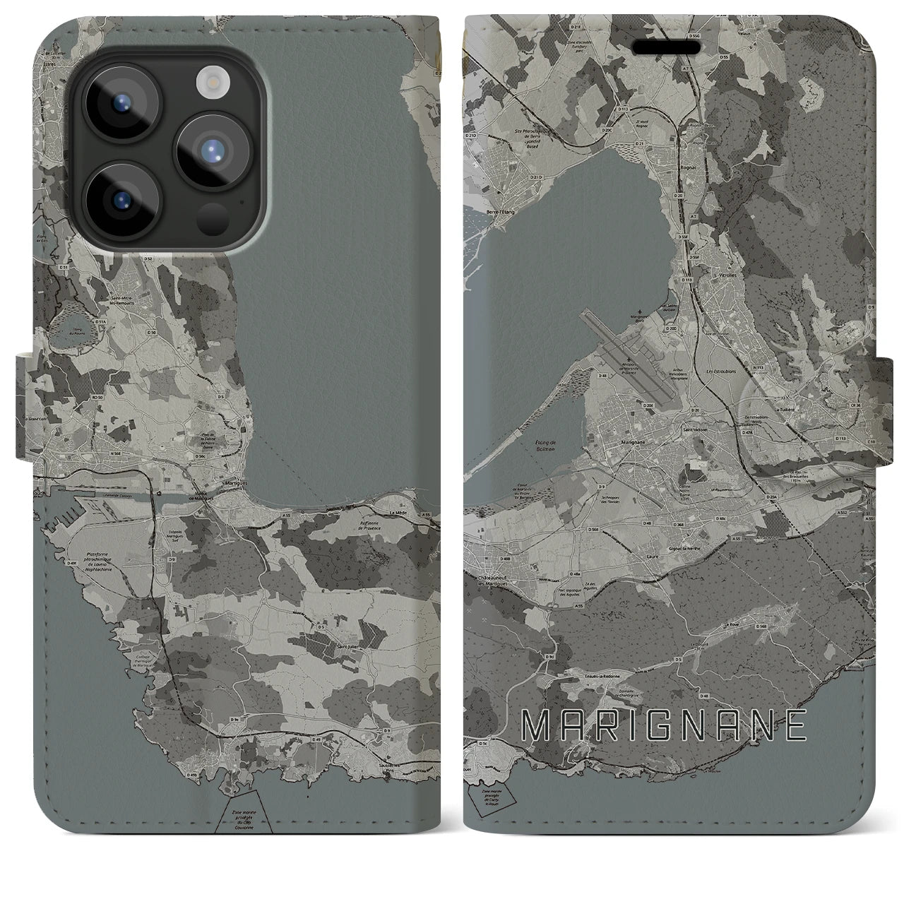 【マリニャーヌ(フランス)】地図柄iPhoneケース(手帳タイプ)モノトーン・iPhone 15 Pro Max 用