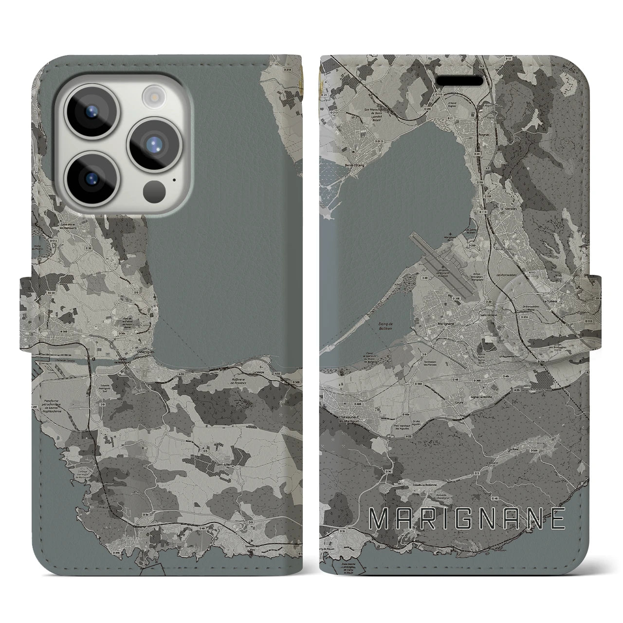 【マリニャーヌ(フランス)】地図柄iPhoneケース(手帳タイプ)モノトーン・iPhone 15 Pro 用