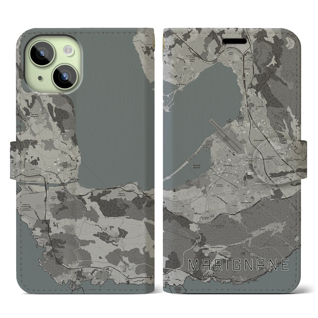 【マリニャーヌ(フランス)】地図柄iPhoneケース(手帳タイプ)モノトーン・iPhone 15 用