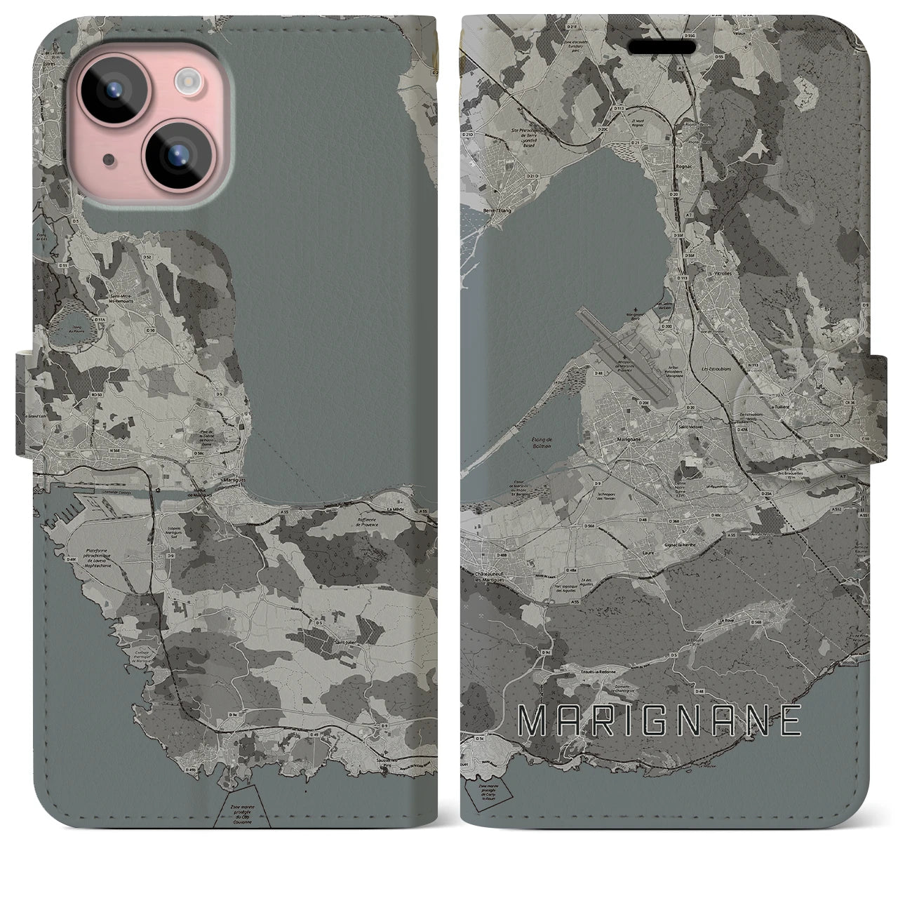 【マリニャーヌ(フランス)】地図柄iPhoneケース(手帳タイプ)モノトーン・iPhone 15 Plus 用