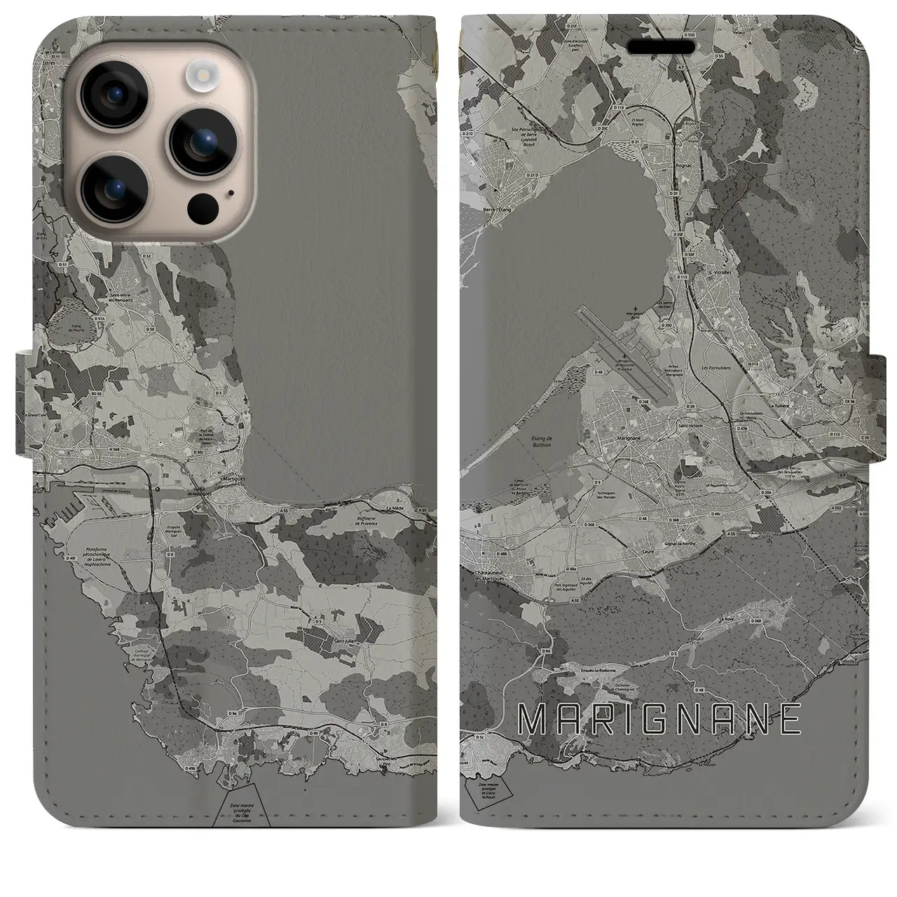 【マリニャーヌ(フランス)】地図柄iPhoneケース(手帳タイプ)モノトーン・iPhone 16 Plus 用
