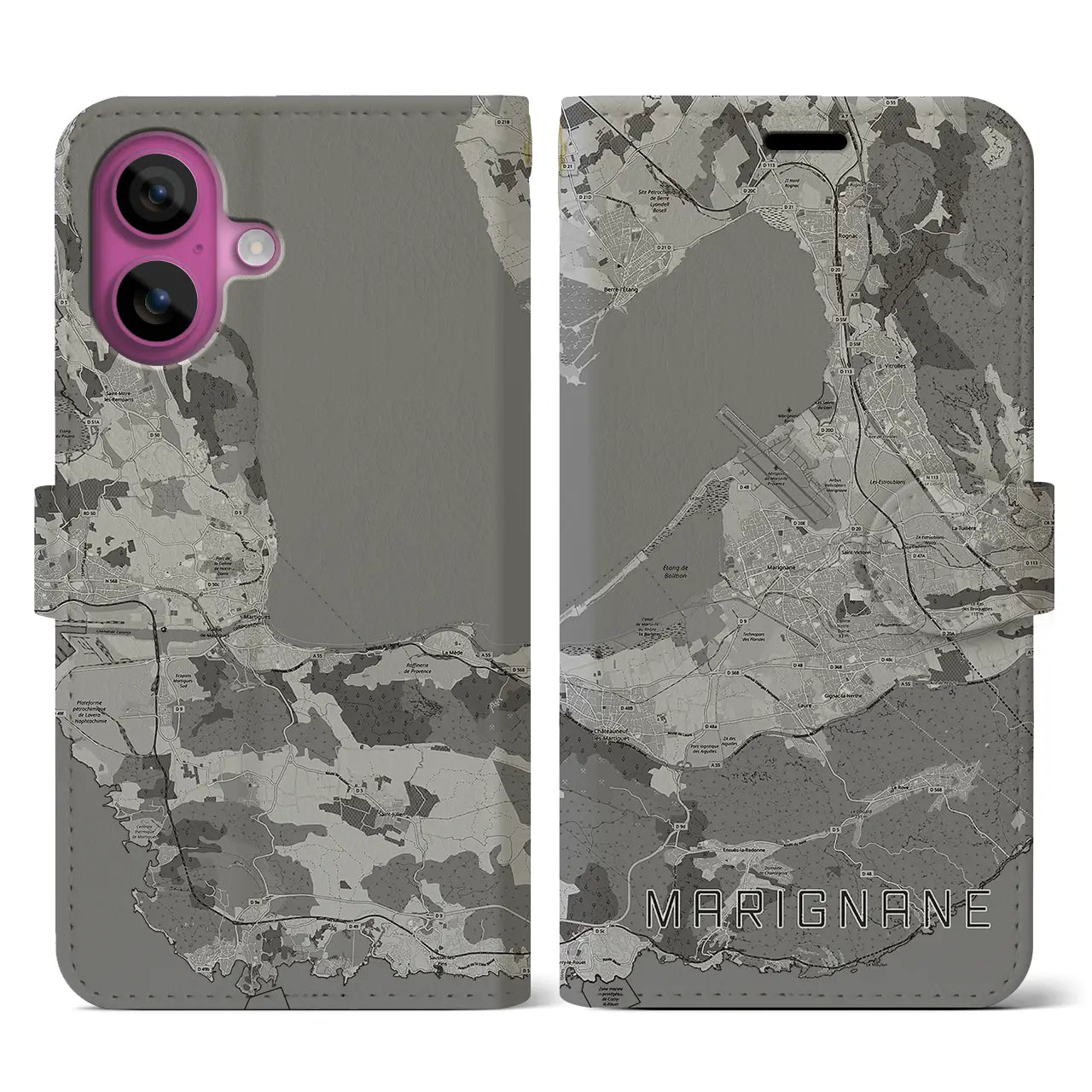 【マリニャーヌ(フランス)】地図柄iPhoneケース(手帳タイプ)モノトーン・iPhone 16 Pro 用