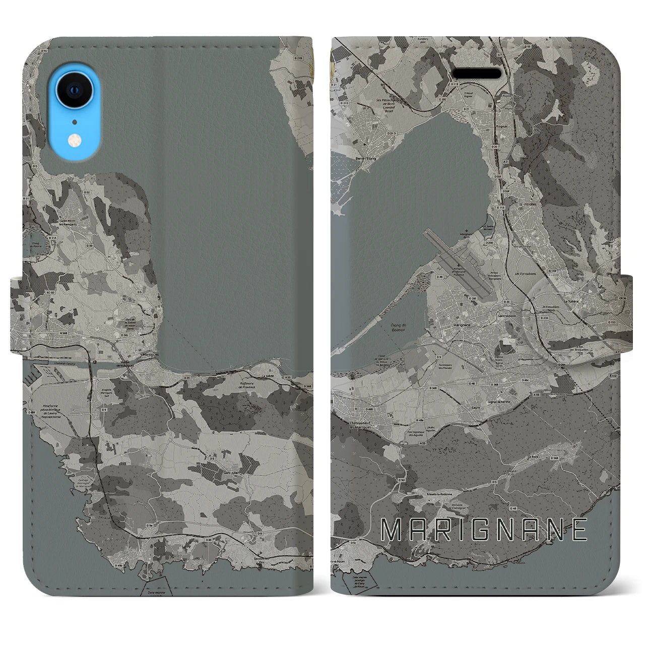 【マリニャーヌ(フランス)】地図柄iPhoneケース(手帳タイプ)モノトーン・iPhone XR 用