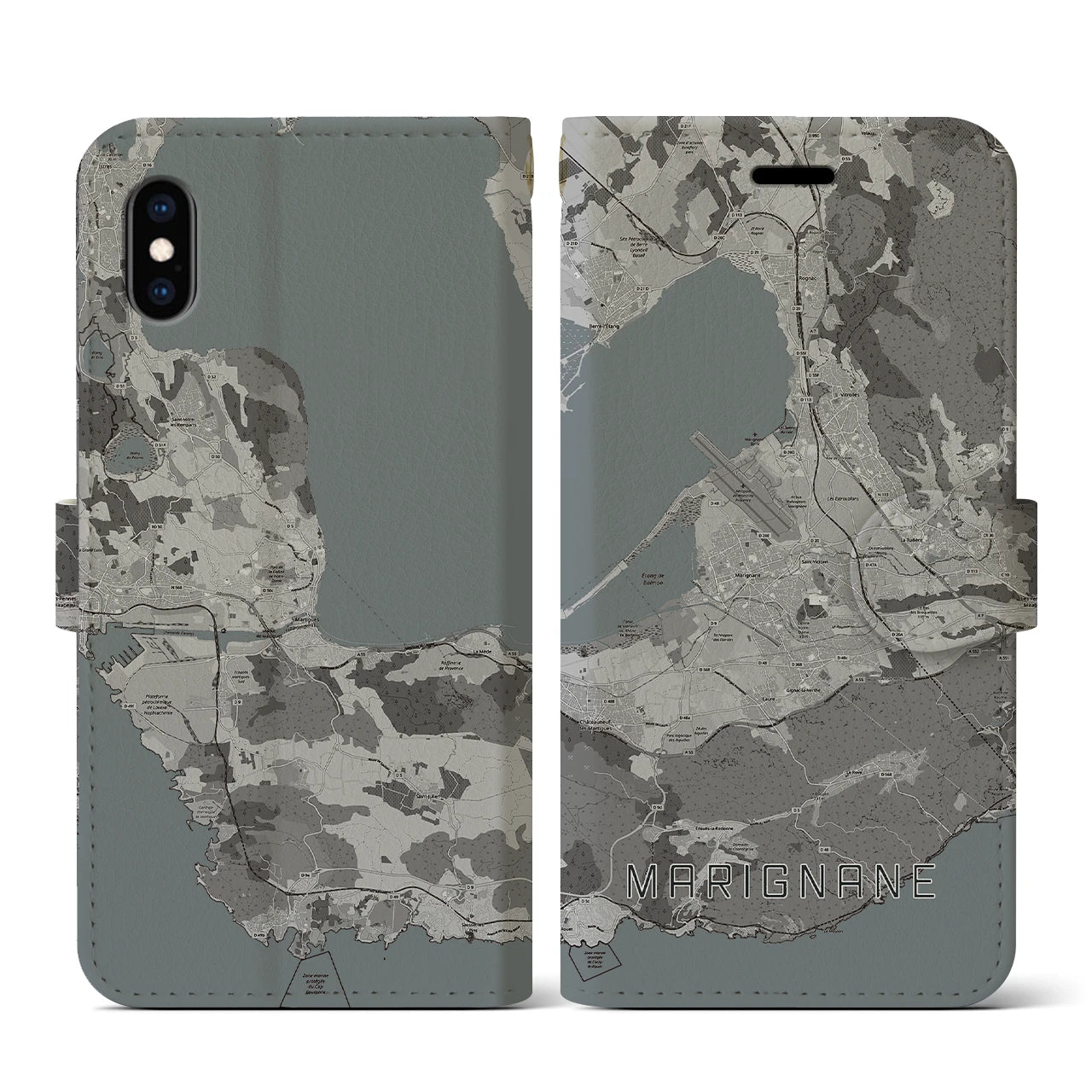 【マリニャーヌ(フランス)】地図柄iPhoneケース(手帳タイプ)モノトーン・iPhone XS / X 用