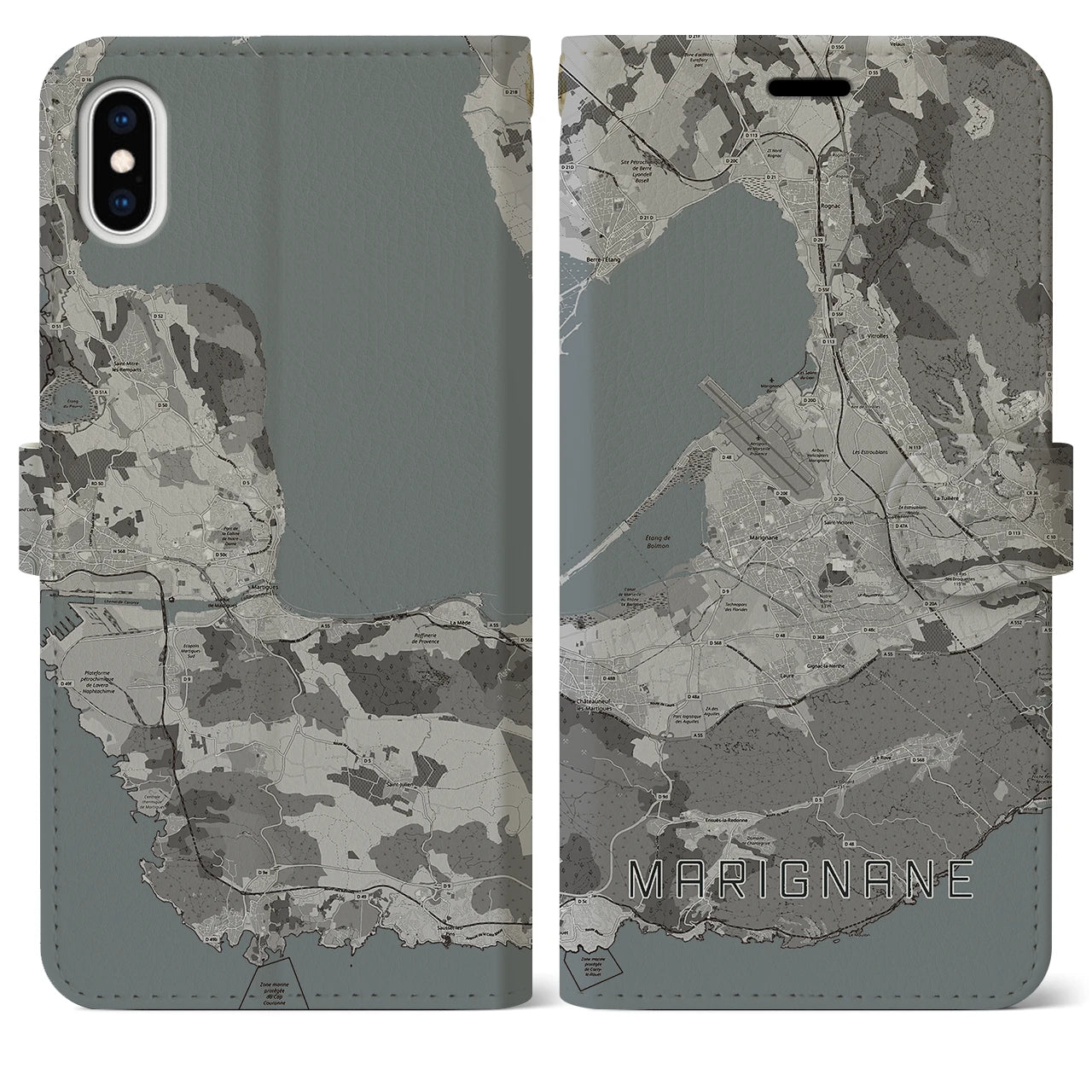 【マリニャーヌ(フランス)】地図柄iPhoneケース(手帳タイプ)モノトーン・iPhone XS Max 用